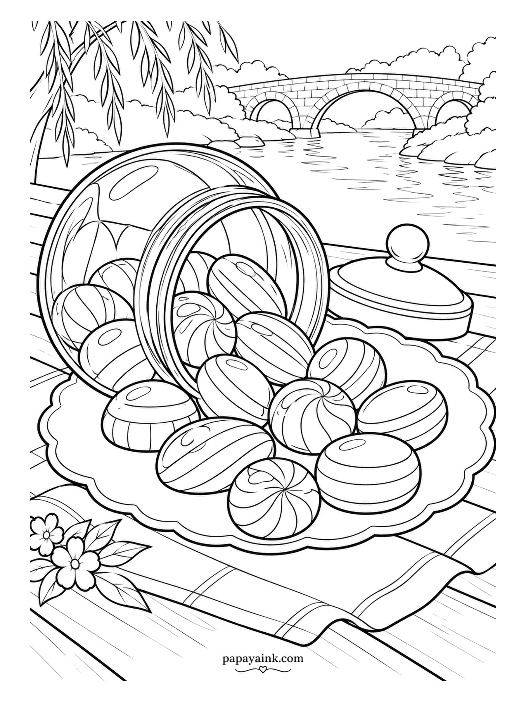 Candy Coloring Pages - Round candy drops roll out of a jar onto a scalloped plate by the river, with a stone bridge and a willow in the distance. The checked cloth has caught nothing so far. Bright pinwheel stripes against gray stone.