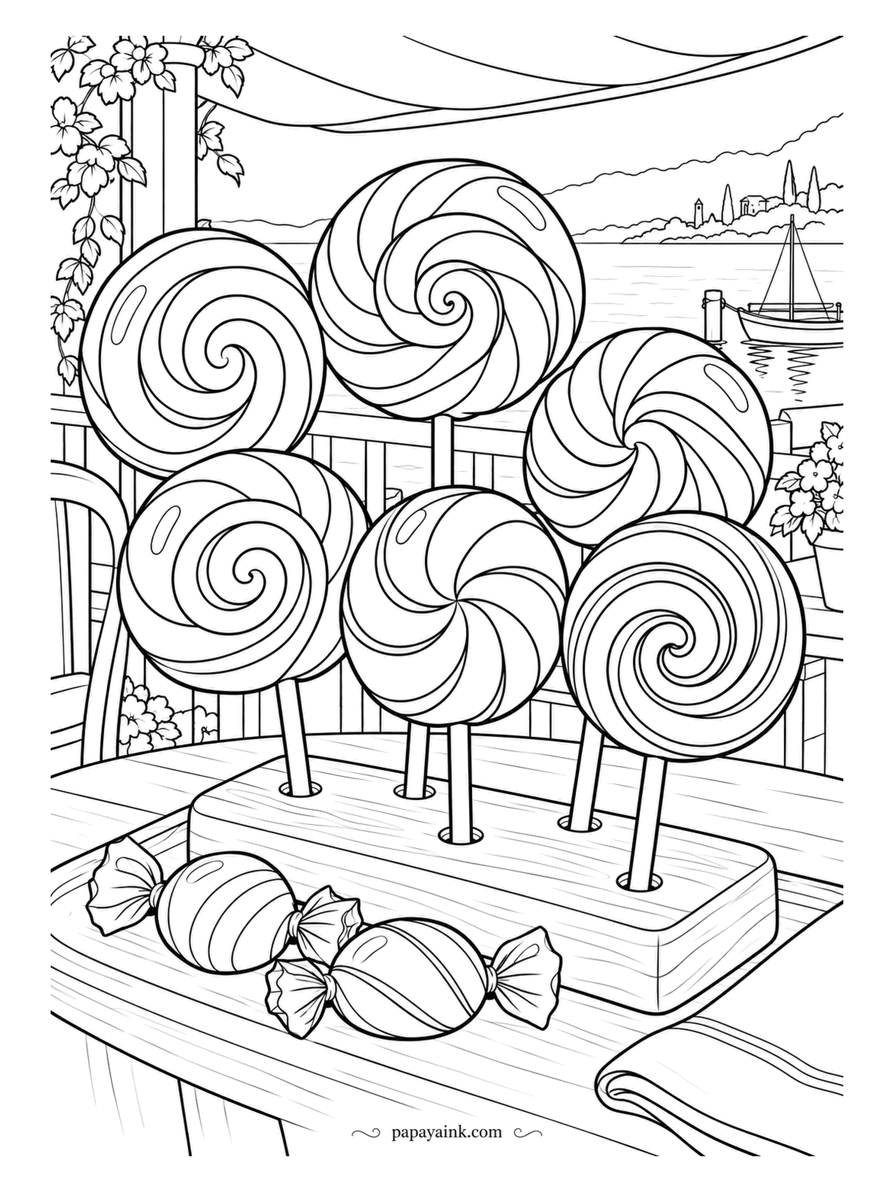 Candy Coloring Pages - Spiral lollipops standing in a wooden holder on the terrace, with the water, a sailboat and the far hills beyond the rail. Three wrapped sweets sit at the base. Run the same two colors around each spiral, from the center out.
