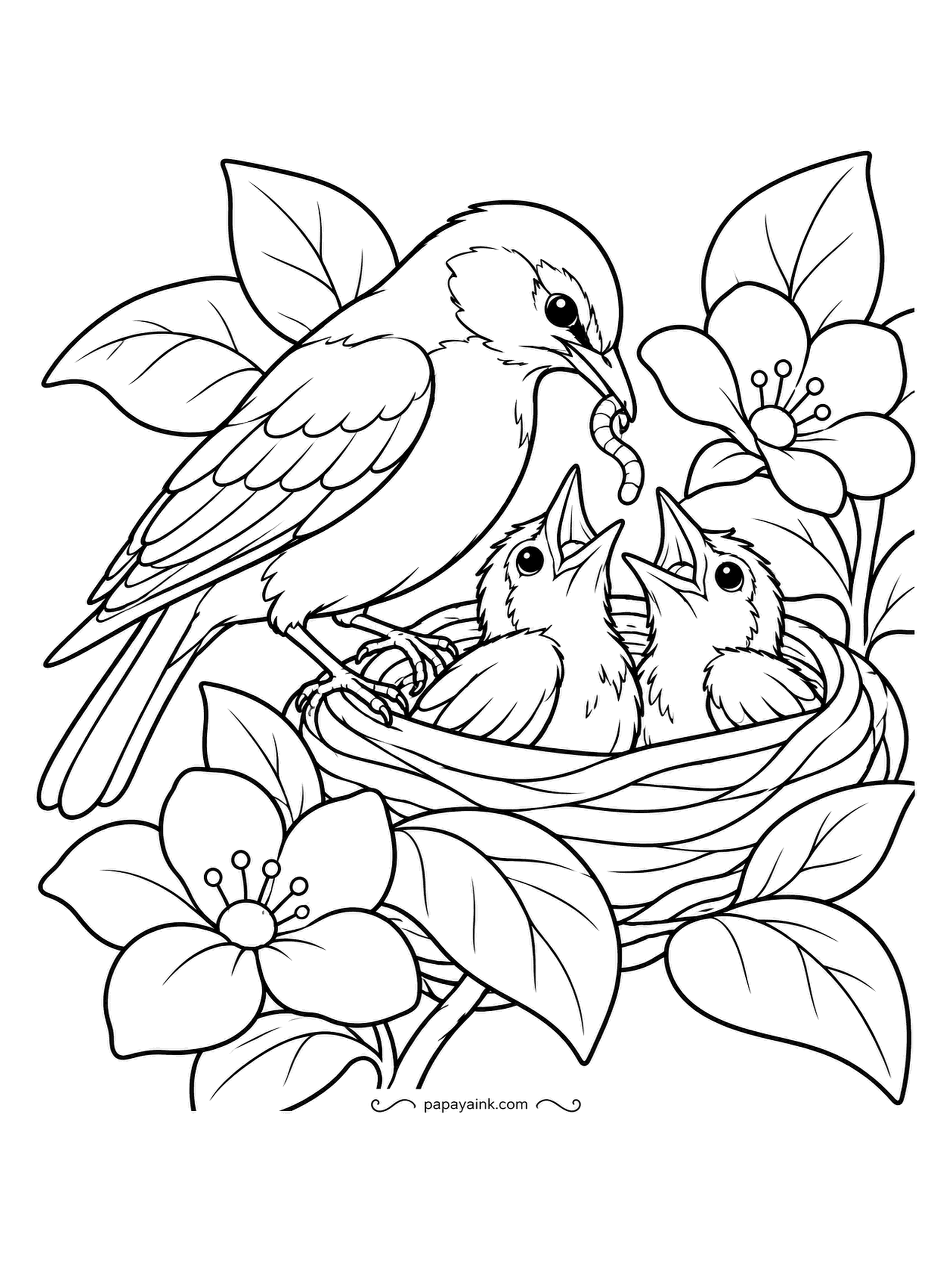 Garden Coloring Pages - An adult robin leans into a twig nest with a worm for two wide-open beaks, with blossoms on all sides. Red-orange breast on the parent, bare pink skin and sparse fluff on the chicks, and a nest in straw yellows and browns.