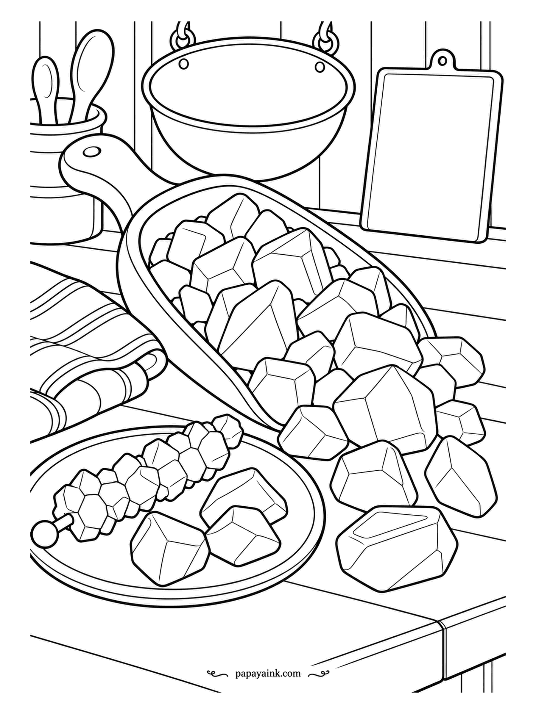 Candy Coloring Pages - Chunks of rock candy fill a wooden scoop in the sugar studio, with a plate of crystals and a crystal stick alongside, a hanging bowl and utensils behind. Big faceted shapes - amber, pale pink and lemon, edges left bare.