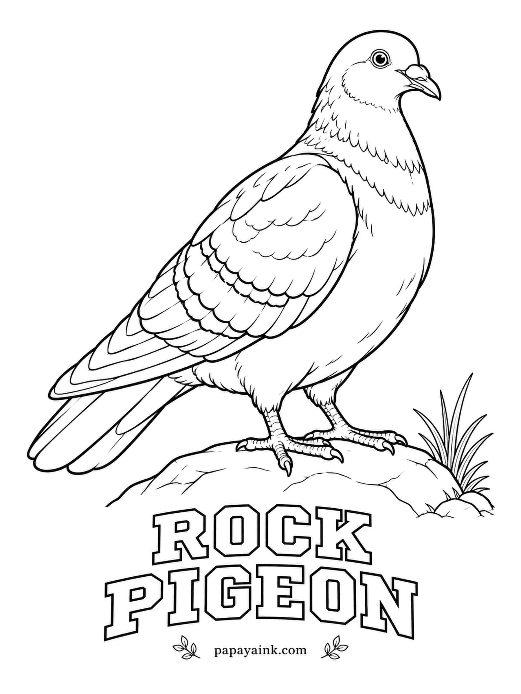 Printable Bird Coloring Pages - Town pigeons come from wild doves that nested on sea cliffs, which is why window ledges suit them so well. A Rock Pigeon is blue-gray with two black bars on each wing and an orange eye. Layer green over purple on the neck.