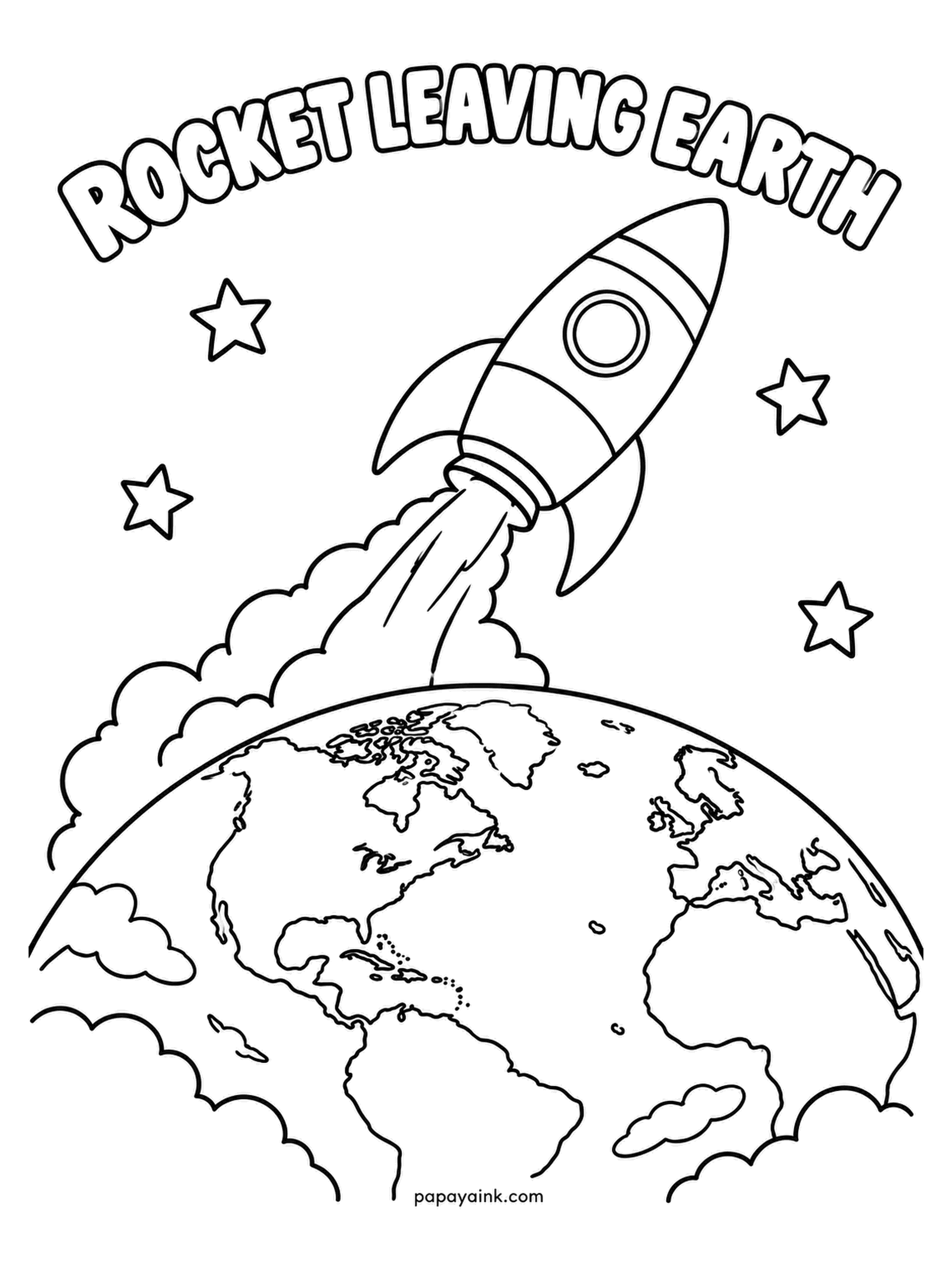 Earth Coloring Pages - A rocket climbs away from the curve of the planet on a column of flame and cloud, stars already overhead. Minutes after launch it is above most of the air. Orange and yellow exhaust, and a red-and-white rocket is the classic look.