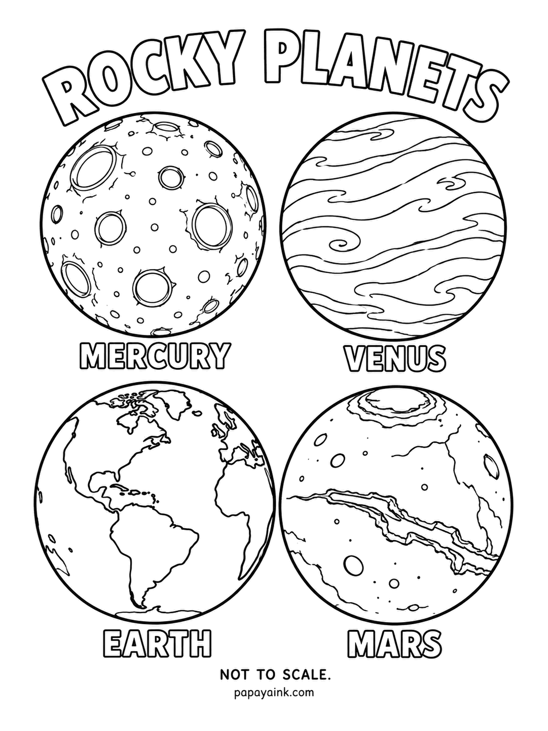 Planet Coloring Pages - Rocky planets in a row: cratered Mercury, cloudy Venus, ocean-covered Earth and rusty Mars, each labeled. Four small worlds, four different palettes - a good page for comparing them in one go. Detailed.