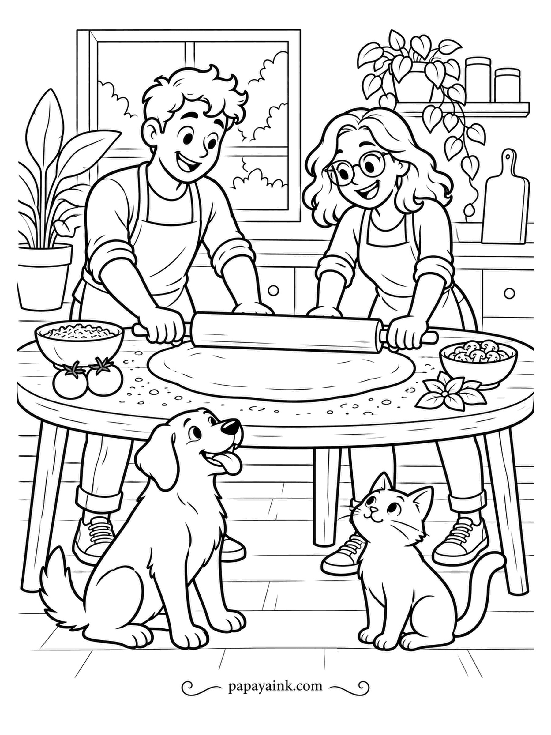 Pizza Coloring Pages - One rolling pin, two cooks, one dough round between them, and a dog and a cat sit under the table in the hope of dropped cheese. Lots of small kitchen objects on the shelves. Detailed.