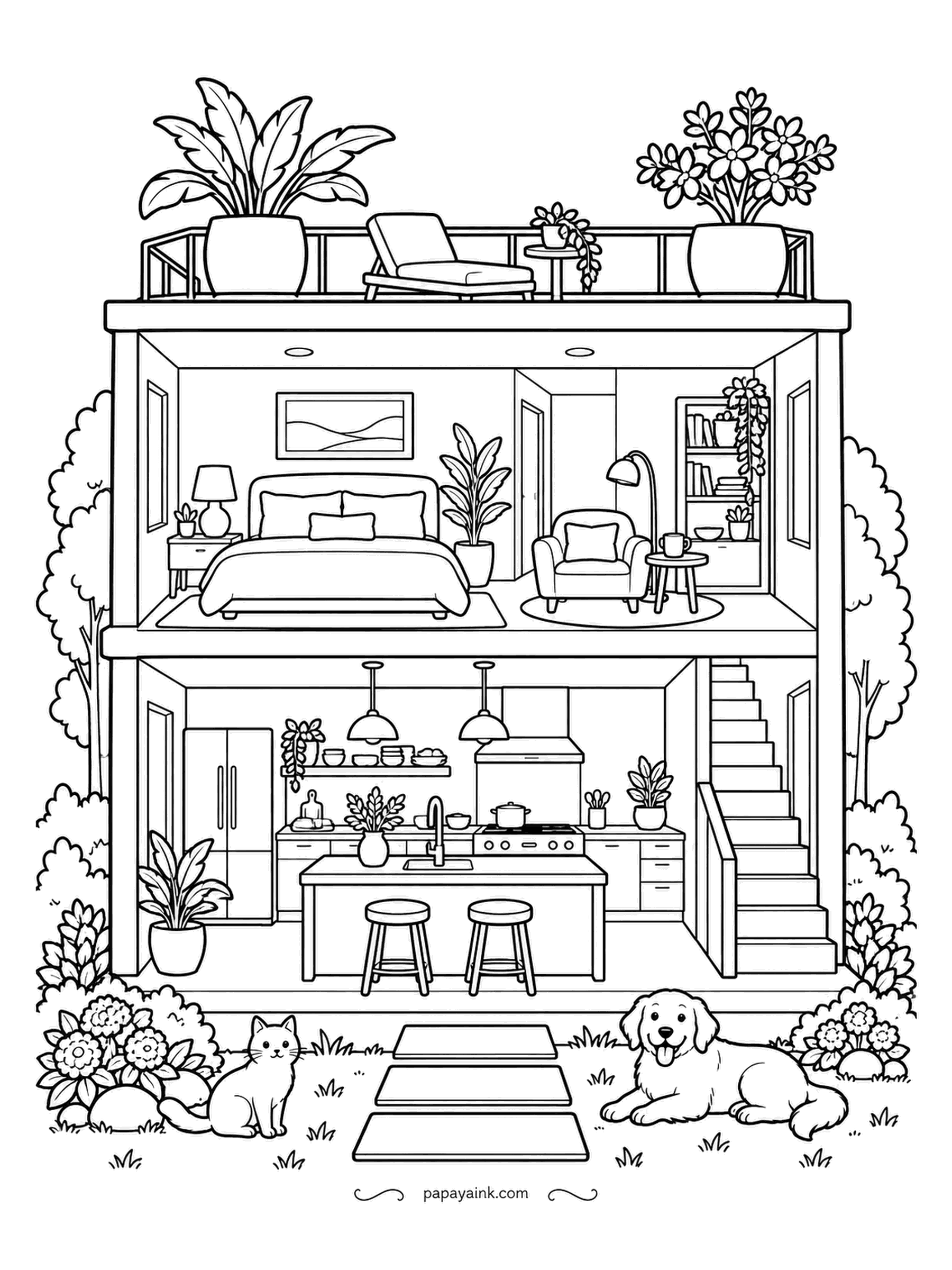 House Coloring Pages - A roof garden on top, with planters and a lounger, then bedroom and study on the upper floor, a kitchen with an island below, and a cat and a retriever puppy outside. The busiest cutaway on the page - sharp pencils only. Detailed.