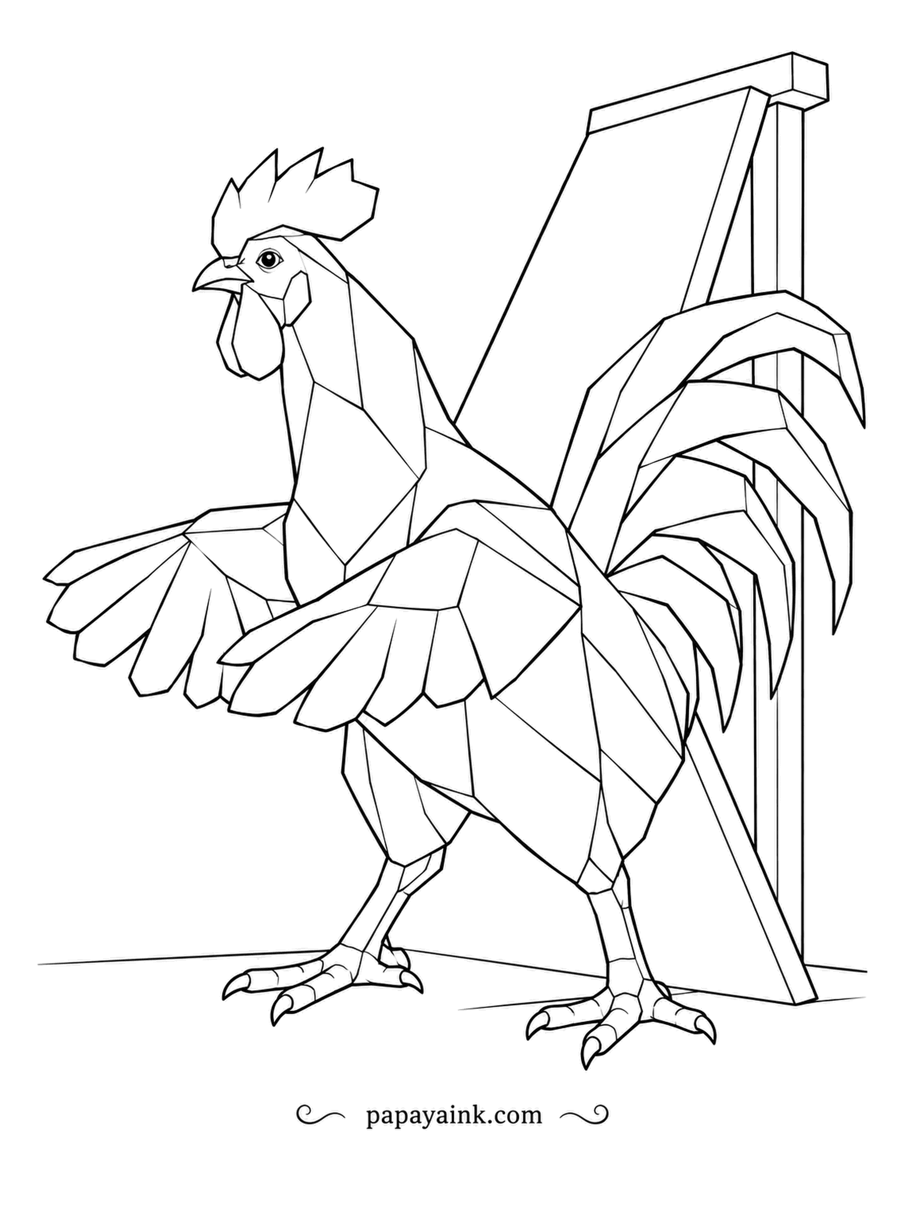 Chicken Coloring Pages - Back pressed to a tall slanted board, a faceted rooster holds it steady with his wings half open. Every angular plane of his body can take a slightly different shade for a gem-like look.