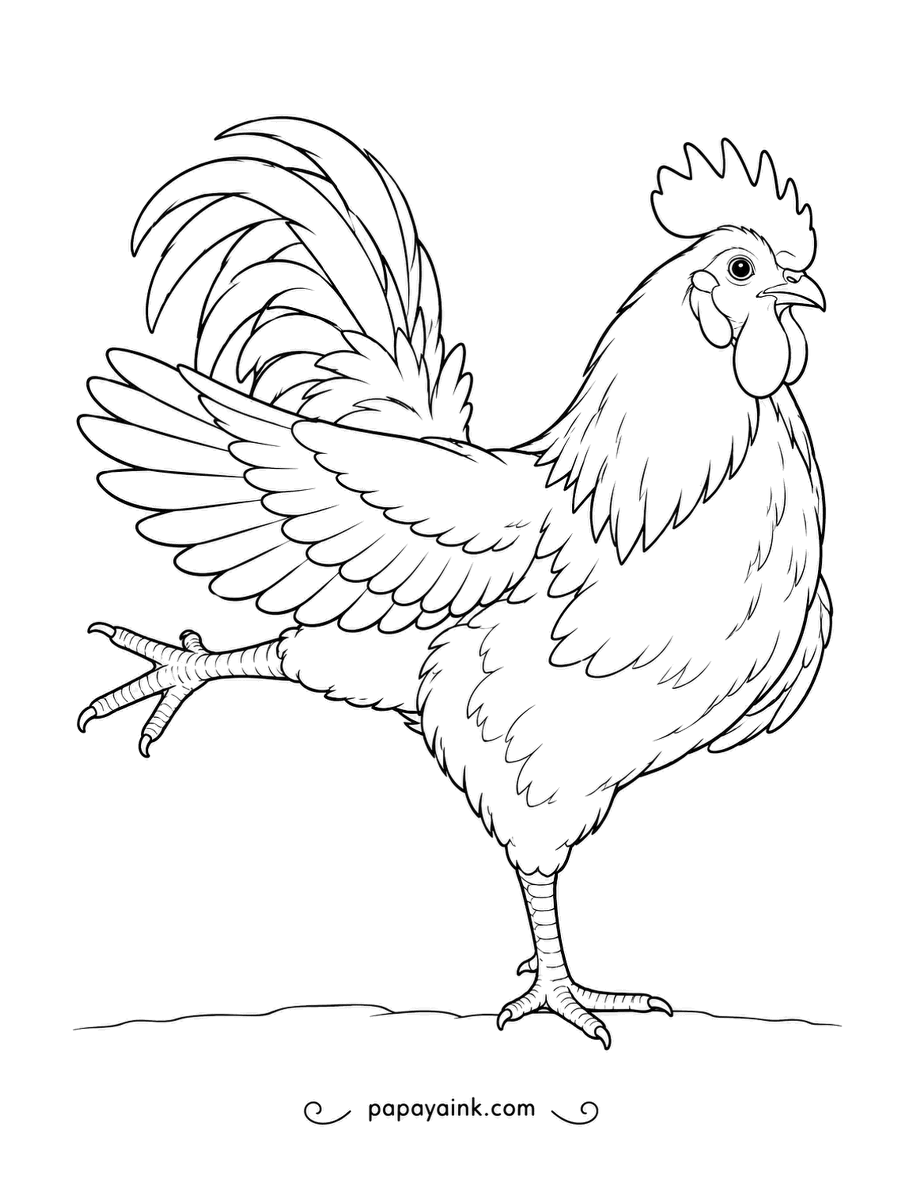 Chicken Coloring Pages - Leg back and wing out, a handsome rooster does a big morning stretch. Chickens really do stretch a wing and leg on the same side together, often right after waking up.