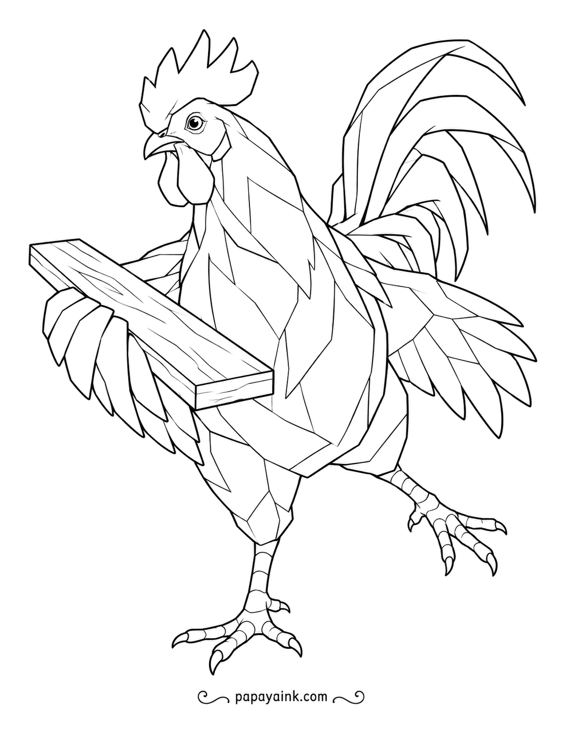 Chicken Coloring Pages - Spinning around on one leg, a gem-cut rooster balances a wooden plank across his wing. Every angled feather plane can take its own shade for a crystal look.