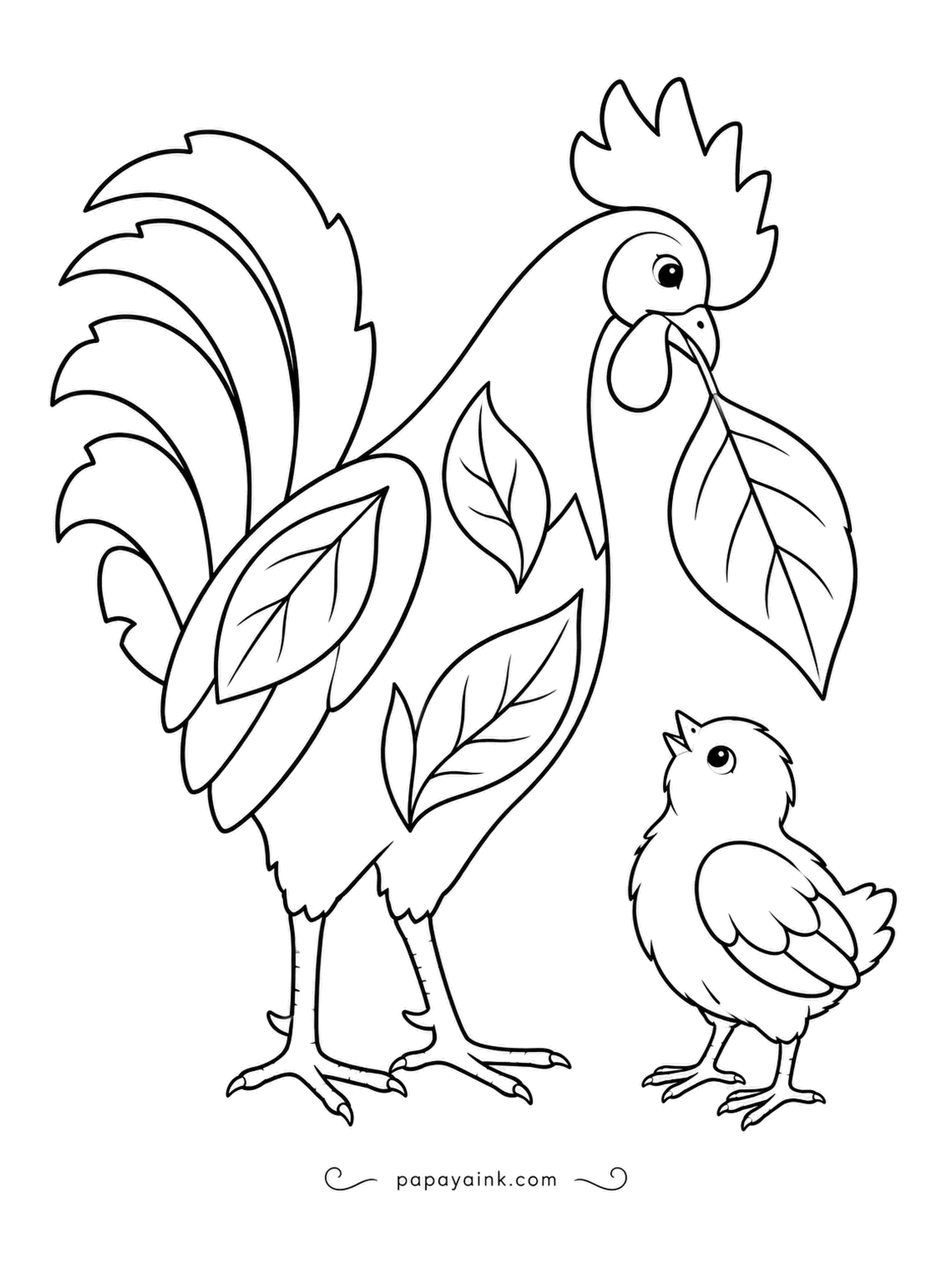 Chicken Coloring Pages - Gently bending down, a proud rooster offers a large leaf to a chick looking up at him. The leaf patterns on his feathers echo the leaf in his beak, a neat detail to color in matching greens.