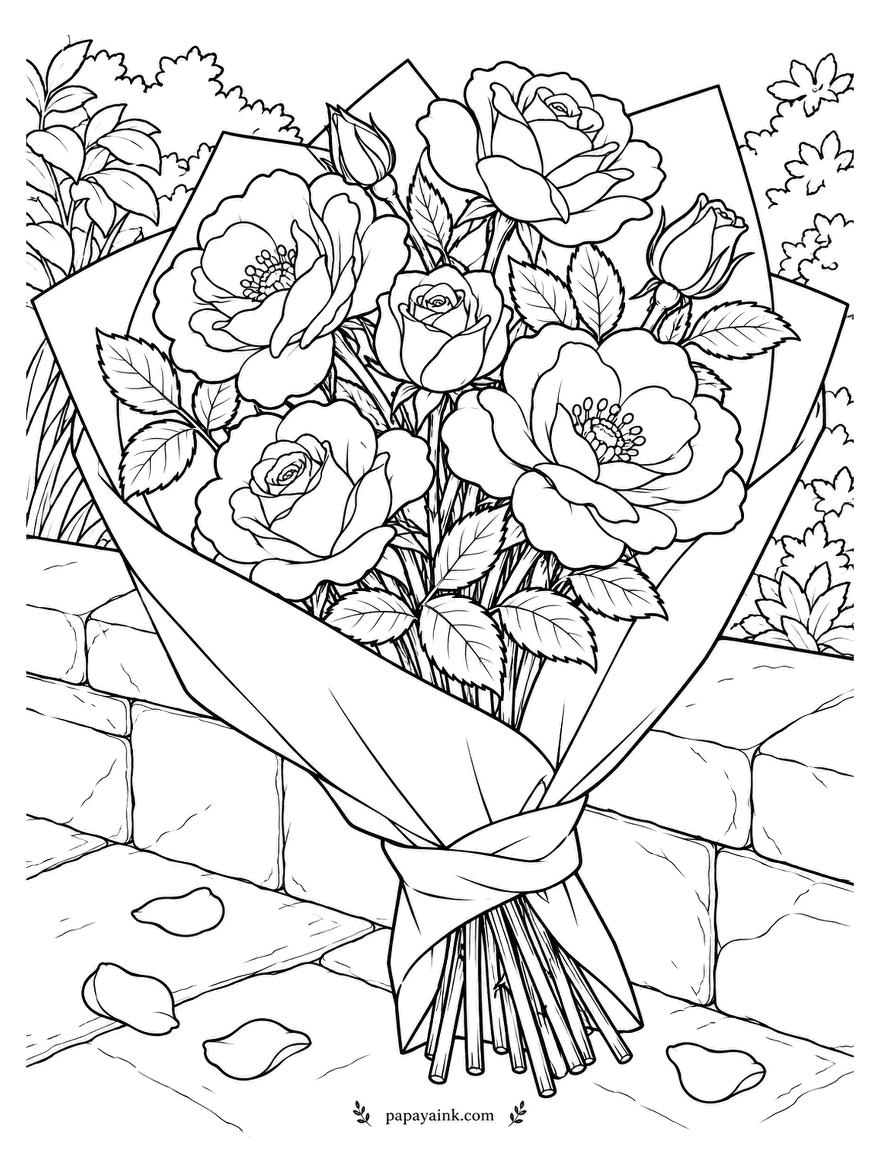 Rose Coloring Pages - Plain paper wrapping is the florist's way of saying the flowers need no help. The bouquet leans against a low wall, with a few petals already on the paving. Big folds in the wrapping are easy to shade.