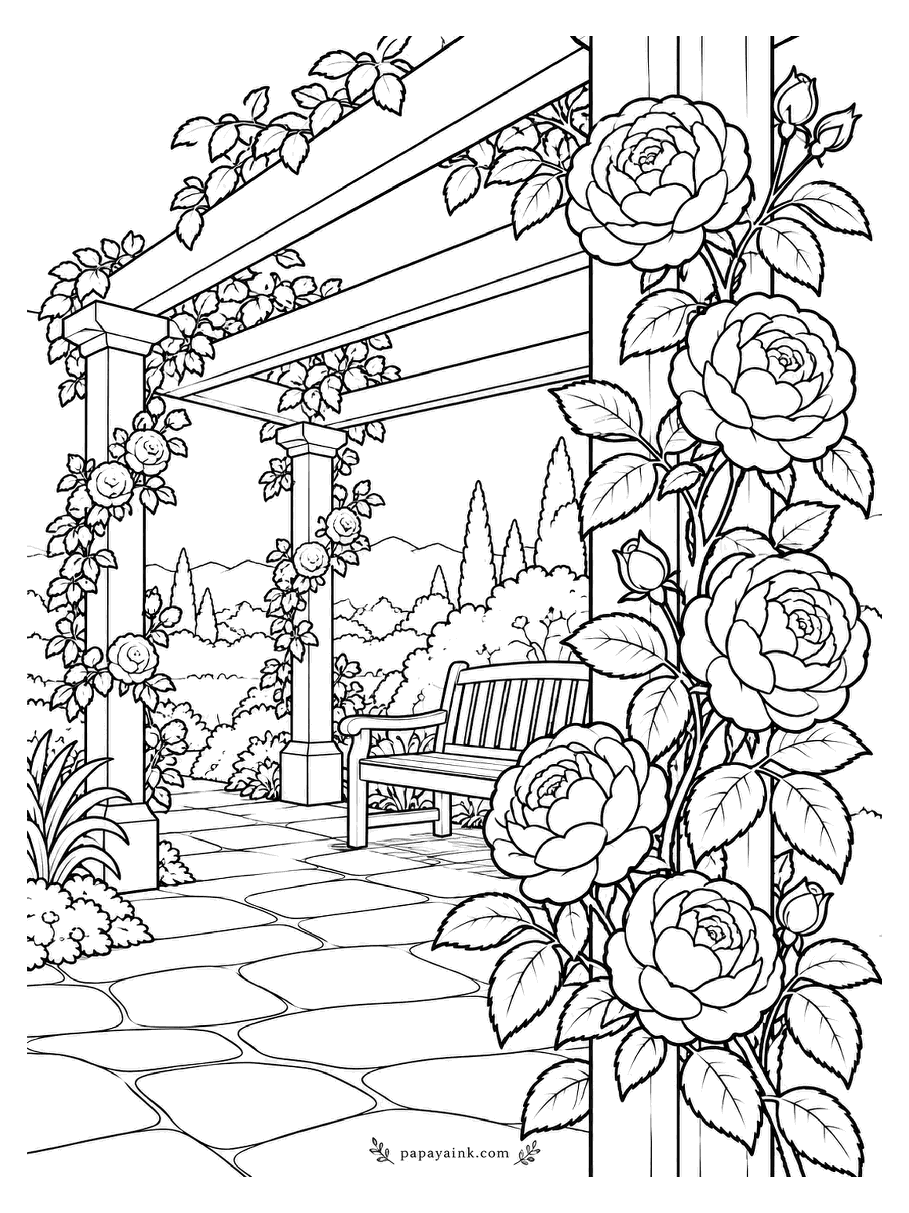Rose Coloring Pages - Perspective lesson with roses: the posts shrink toward the vanishing point and drag the eye along. The near post is wrapped in climbers, and a bench waits under the beams. Color the far end paler to push it back.