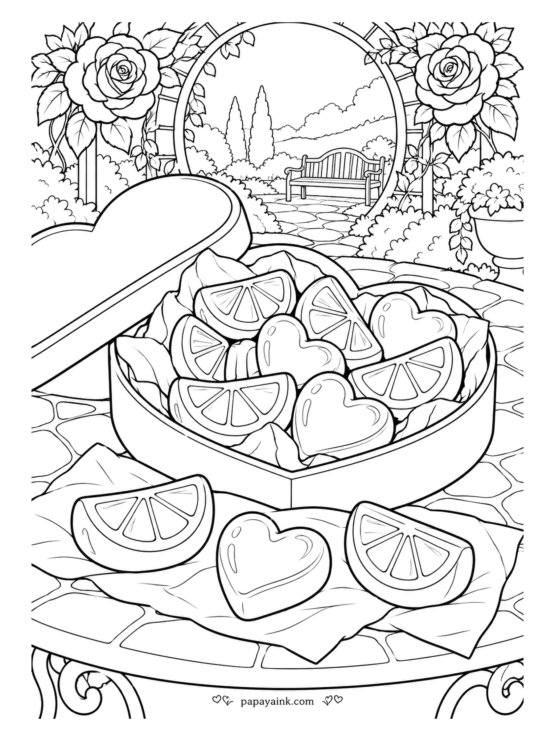 Candy Coloring Pages - Jelly hearts and citrus slices share a heart-shaped box in the rose garden, the lid open toward the bench and the arch. Three pieces lie on the napkin on the mosaic table. Red hearts, orange and yellow slices.