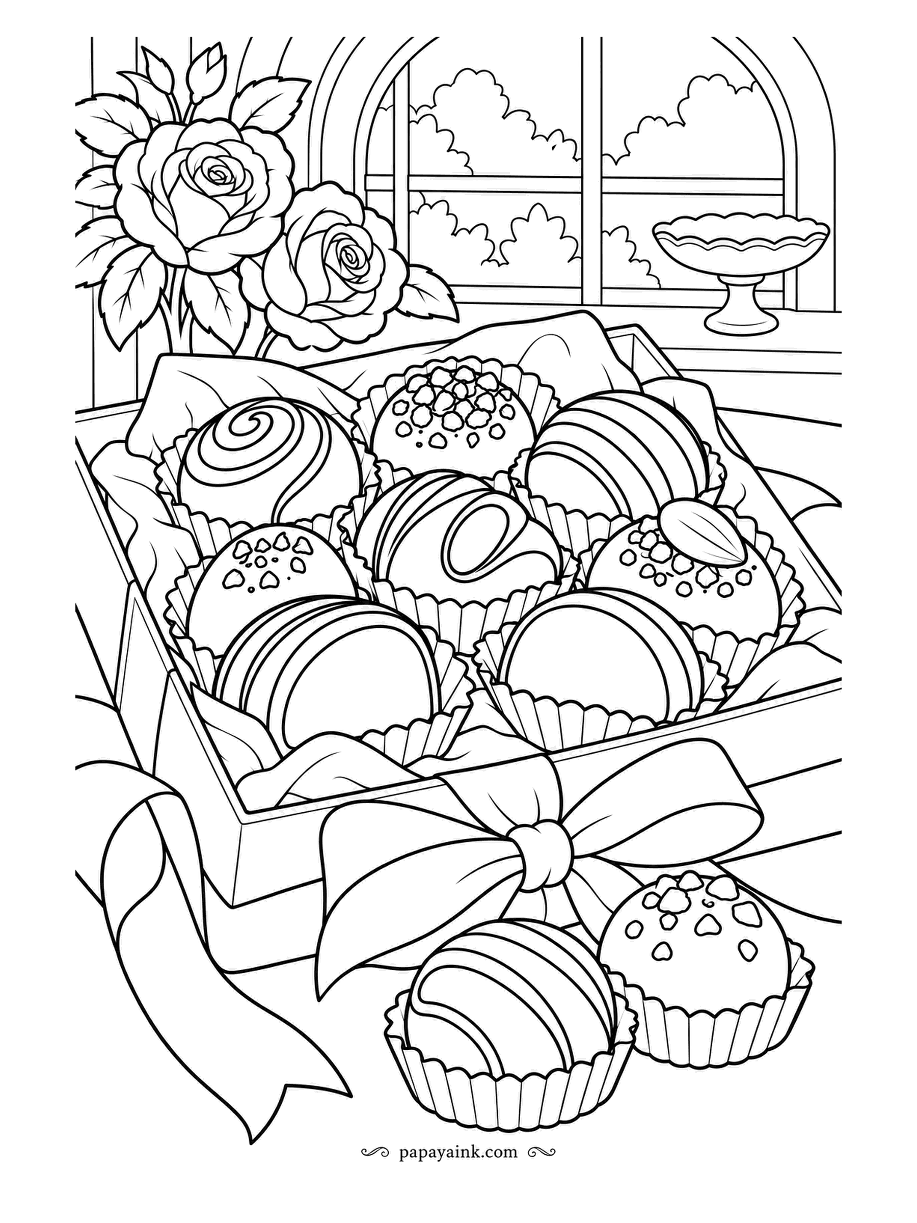Candy Coloring Pages - Boxed truffles under a wide ribbon, swirled, sprinkled and striped tops, two in pleated cups in front. Roses climb the window frame. Rich browns, with the bow in any color you like.