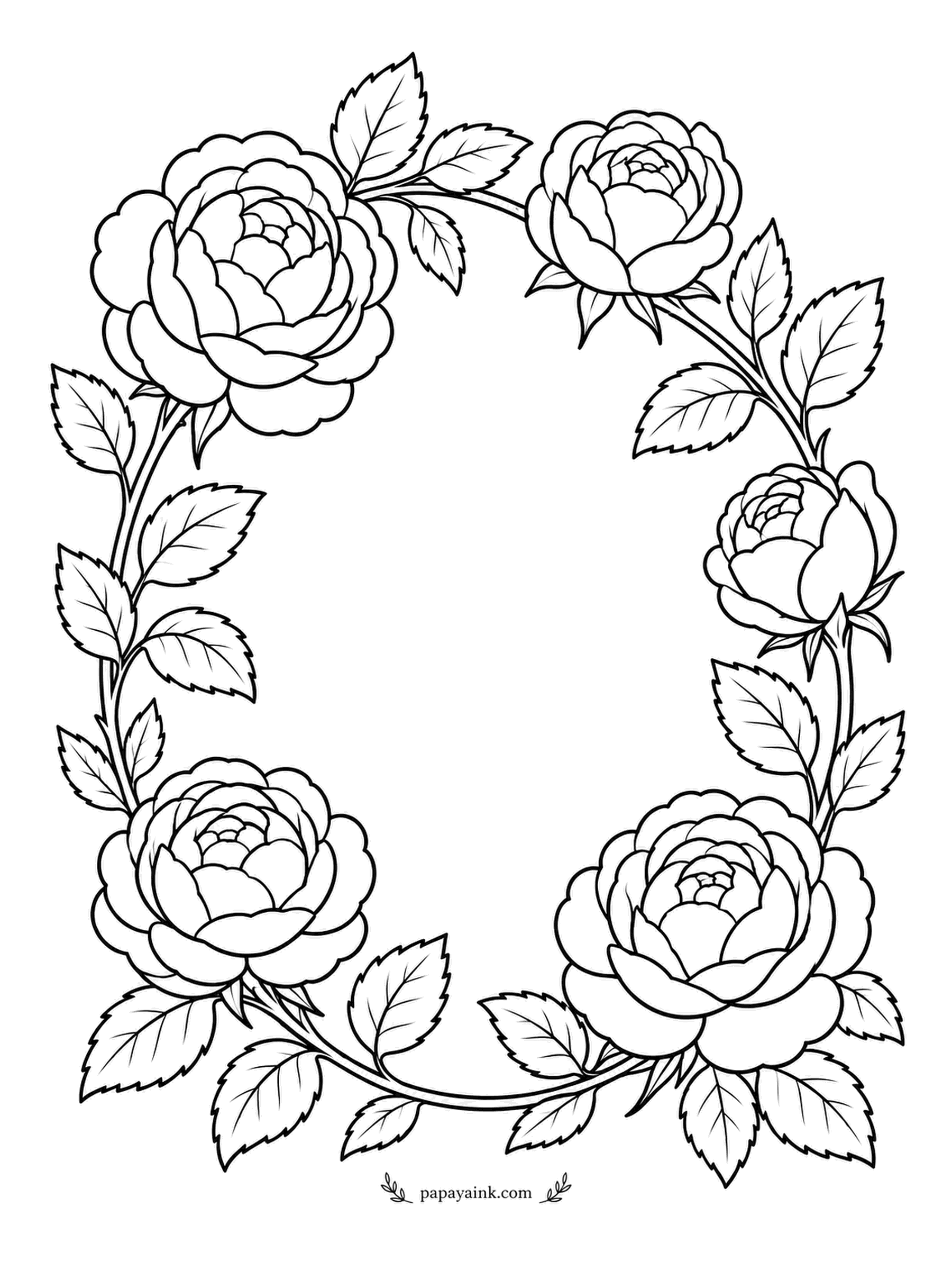Rose Coloring Pages - No ribbon, no name, no message - just a ring of full-petaled roses and leaves around an empty middle. Write a monogram or a short greeting inside, or leave it as it is and frame it. Big shapes, friendly for beginners.