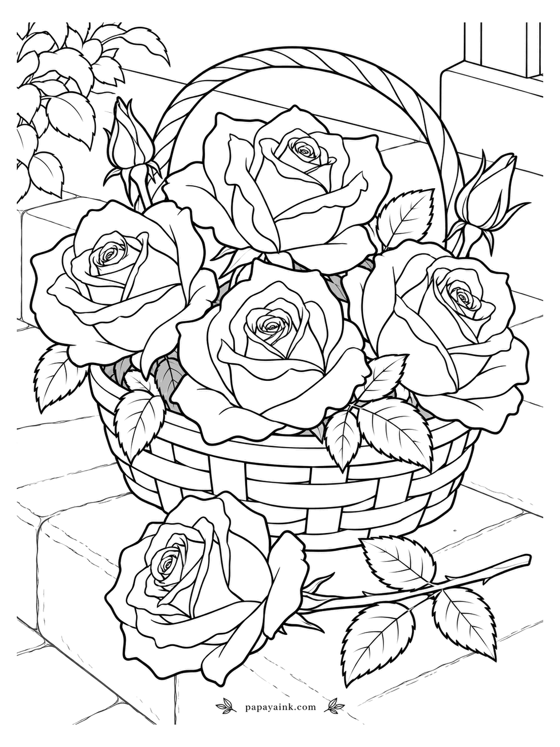 Rose Coloring Pages - Set down on the stone steps for a moment, this basket has already let one rose slip free. The rest sit packed under the wide handle. Woven slats and stone blocks give two different textures to play with.