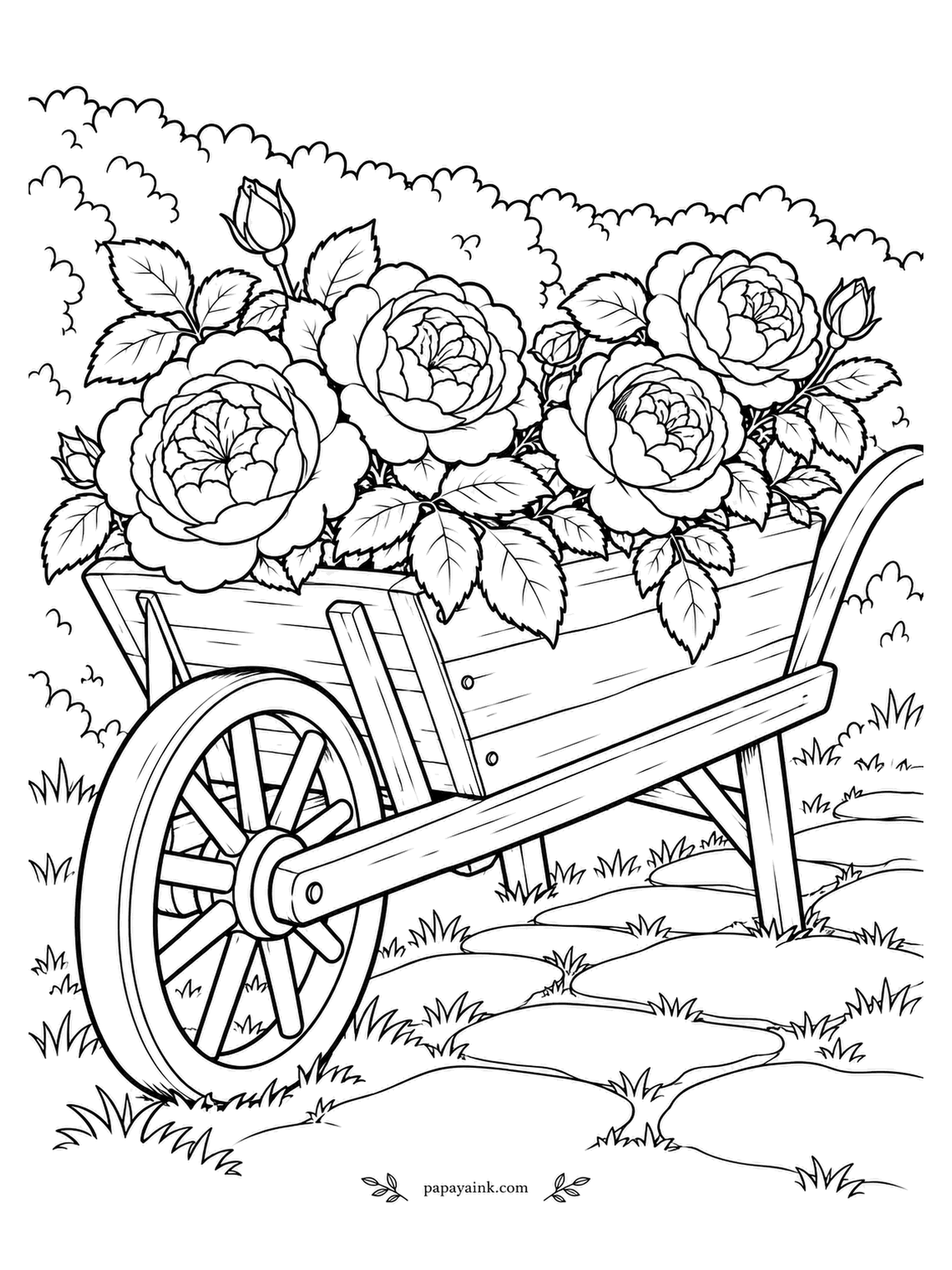 Rose Coloring Pages - Wheelbarrows rarely carry anything this pretty. This one is loaded to the brim with heavy, many-petaled roses and parked on a stepping-stone path. The spoked wheel is a nice chance to try a weathered gray-brown.
