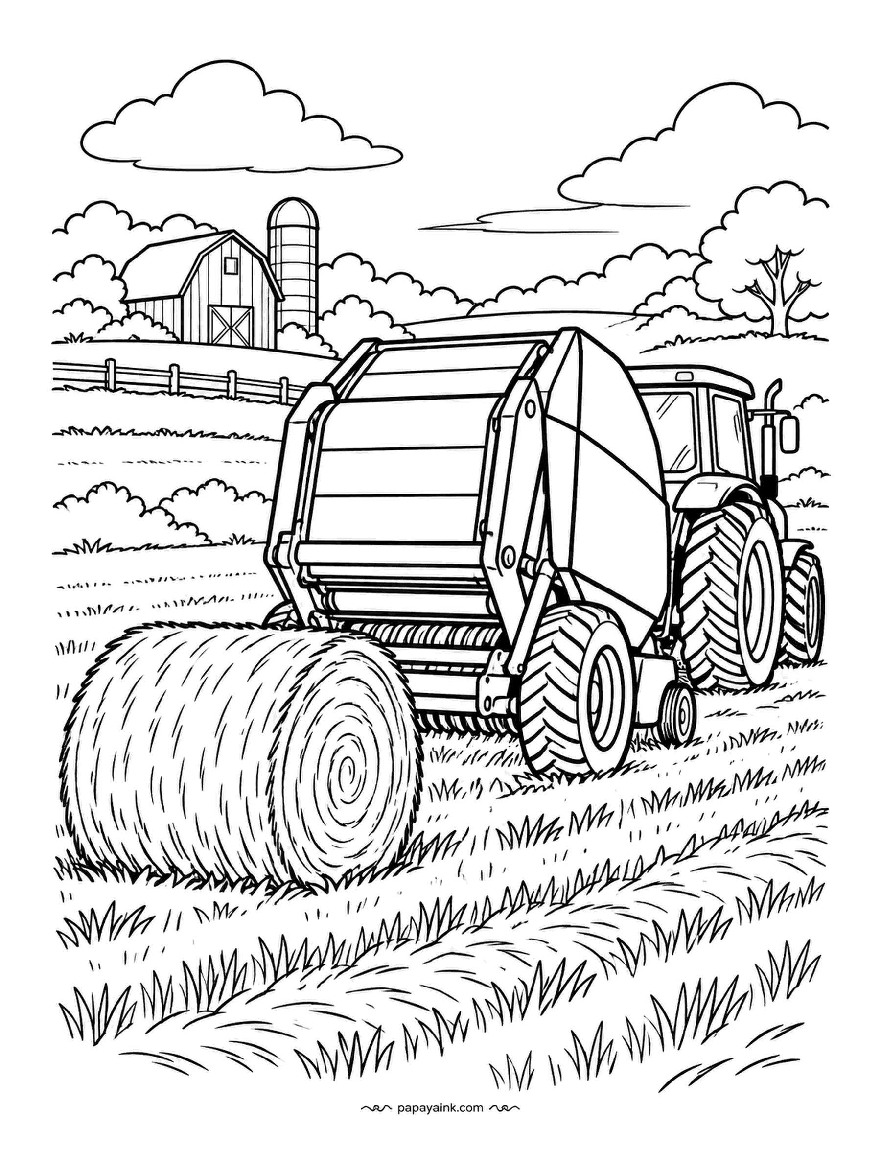 Farm Coloring Pages - Round baler behind a tractor, its rear door shut again and a fresh bale sitting on the stubble where it was dropped. The field beyond is already cut. Green and yellow is the classic machine palette; the bale in straw gold.