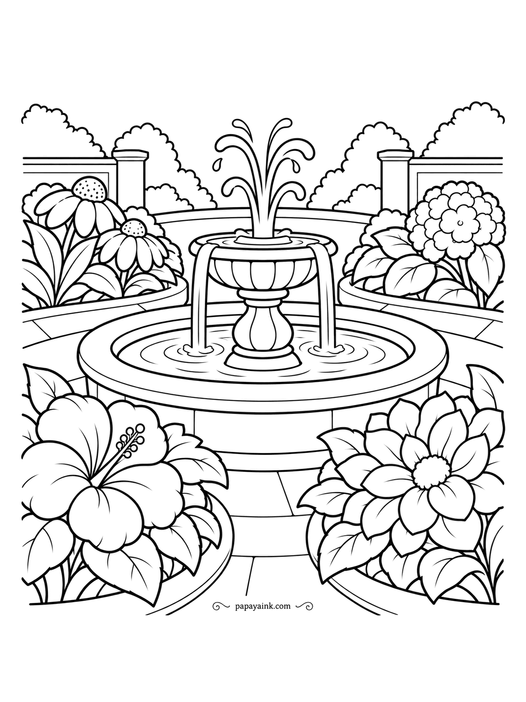 Garden Coloring Pages - Water jets from a tiered stone fountain into a wide round basin, with hibiscus and a dahlia leaning in from the corners and curved beds behind. The splash is drawn as separate drops - skip them and tint only the basin water underneath. Detailed.