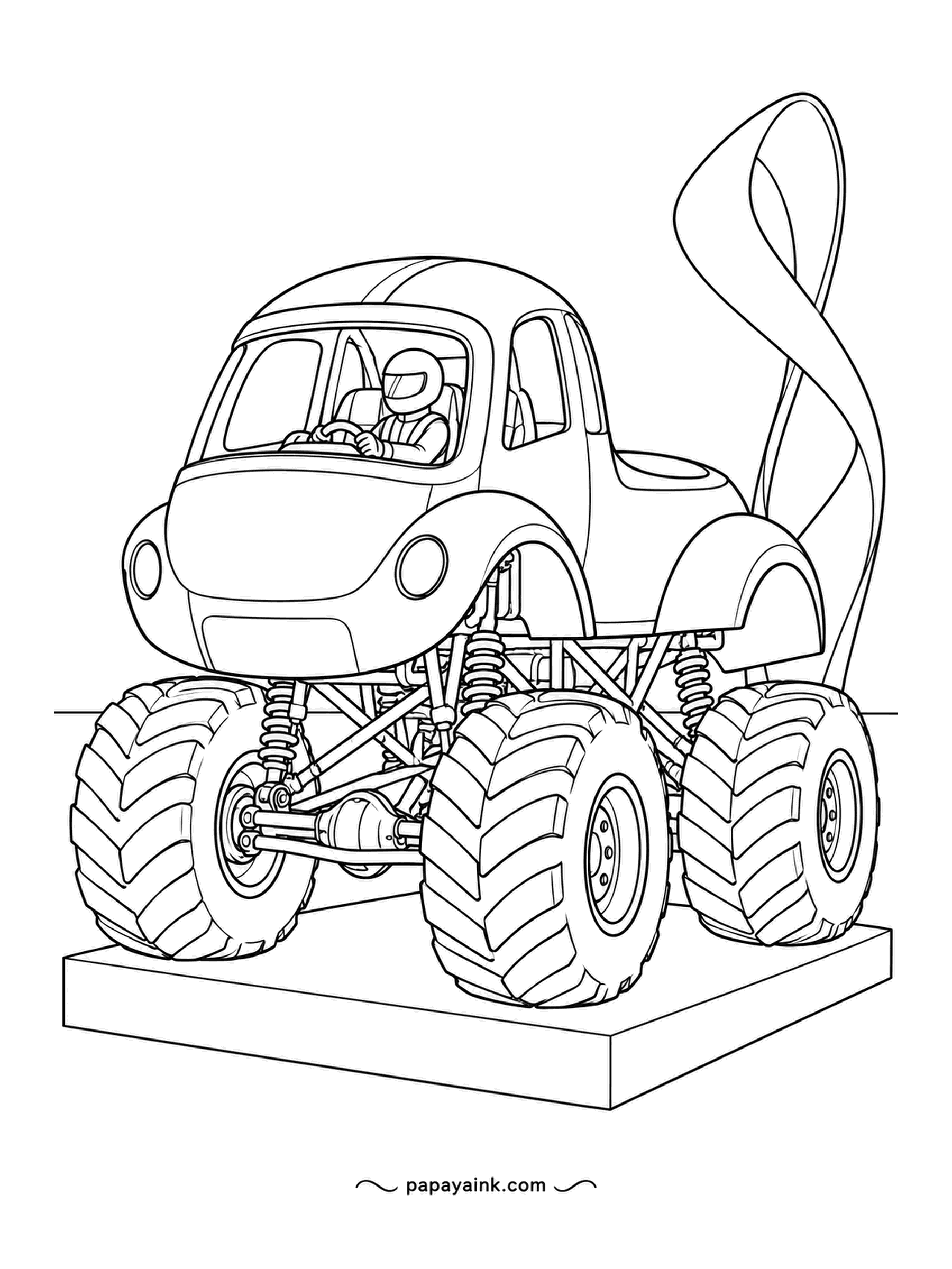Monster Truck Coloring Pages - Round-nosed cab on a show pedestal, with a ribbon sculpture curling up behind it like a giant shaving. The driver is still in the seat, apparently waiting for the award. Clean shapes, few lines - an easy page to start with.