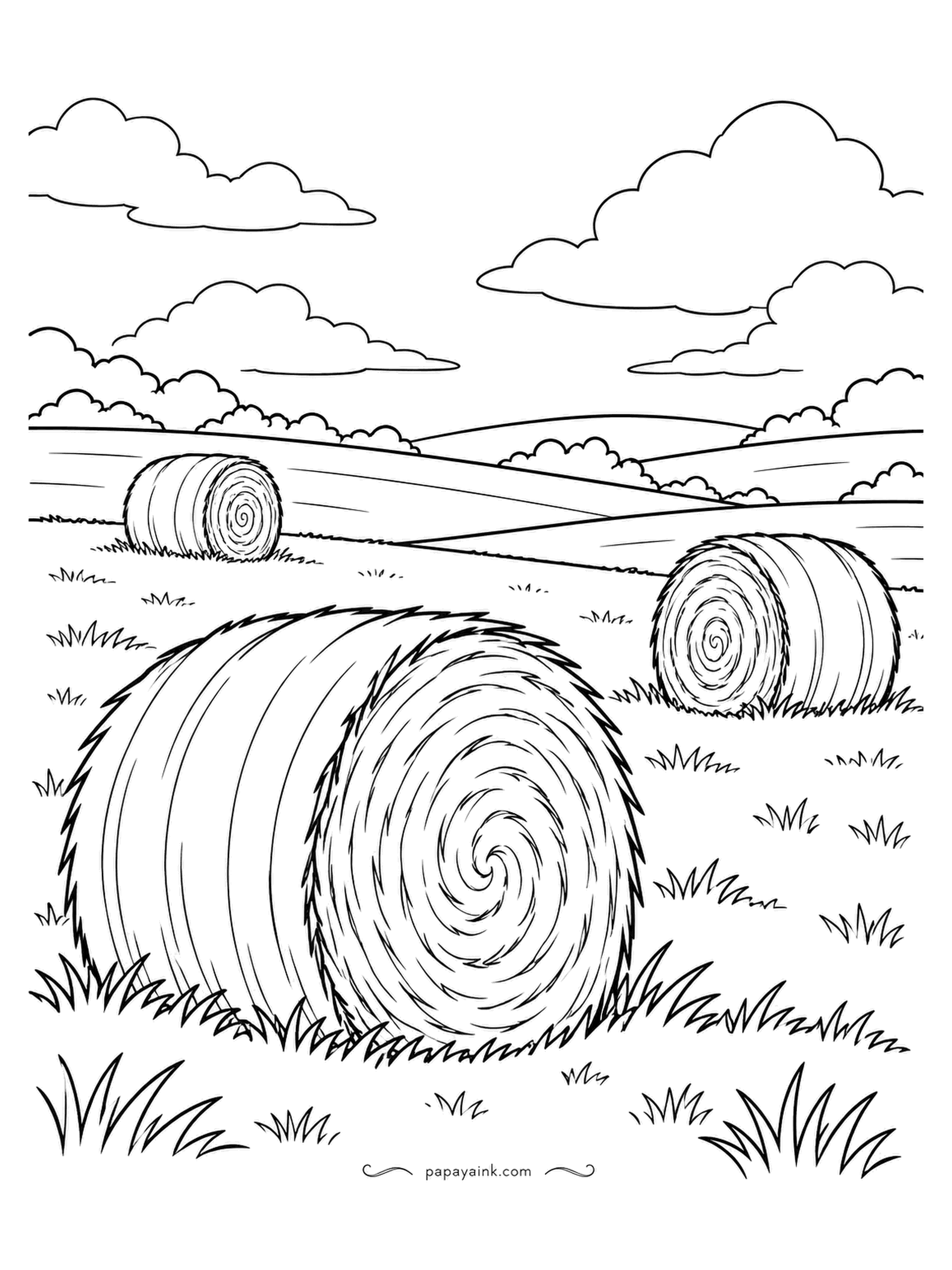 Farm Coloring Pages - Round hay bales left out on a rolling field after cutting, the nearest one filling half the page. Spiral strands show on the ends. Straw yellow for the bales, two greens for the slopes, and the clouds can stay plain paper.