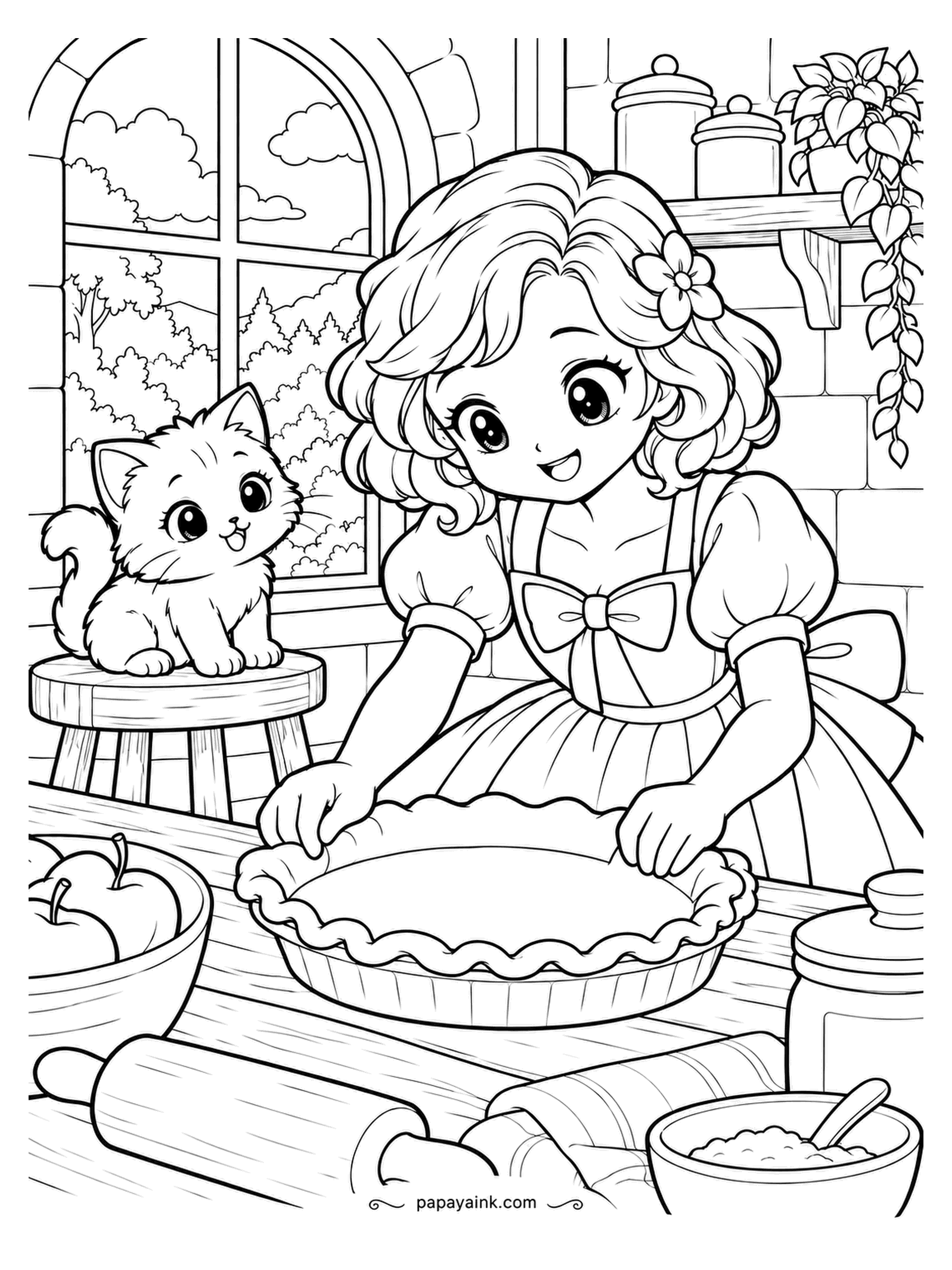 Kawaii Princess Coloring Pages - Crimping the edge, thumb by thumb. The princess works her way around the pie dish while the kitten supervises from the stool, with apples, a rolling pin and the flour bowl close by. Golden crust, red apples, a kitchen window full of green.