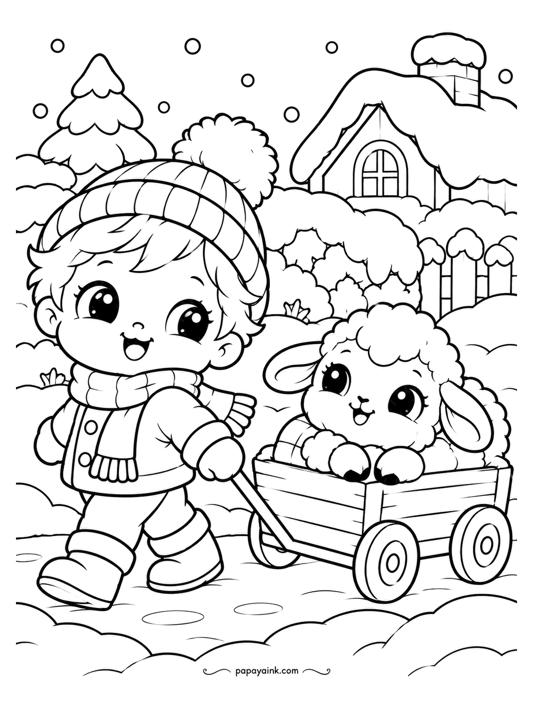 Kawaii Winter Coloring Pages - The boy pulls the wagon, the lamb rides, and the arrangement suits them both. A cottage with a snowy roof sits at the end of the path. Warm wood tones on the wagon, and a red door on the house.