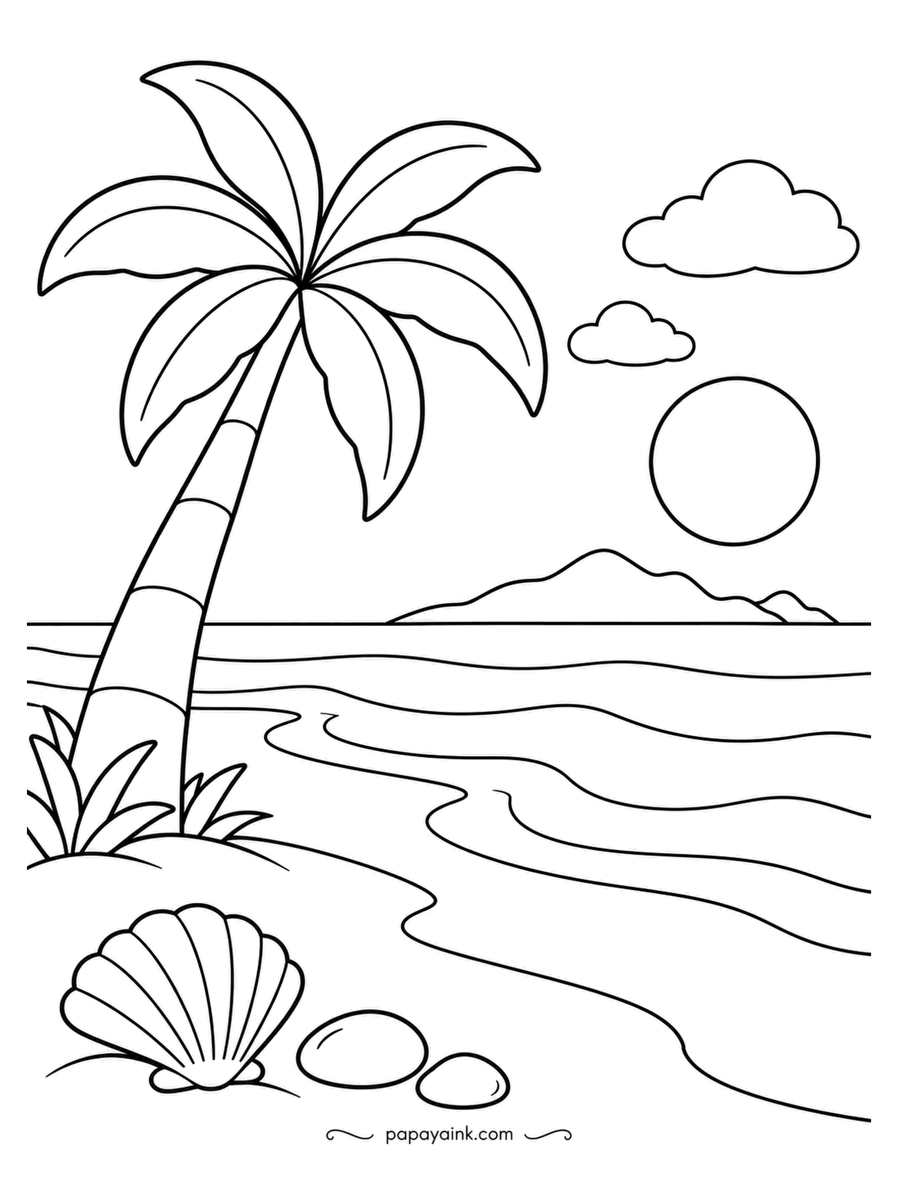 Nature Coloring Pages - One palm, one shell, one island on the horizon, and a tide that has drawn its lines across the sand. This is the shore everyone pictures when they close their eyes in February. Big areas, few details, a quick and satisfying page.