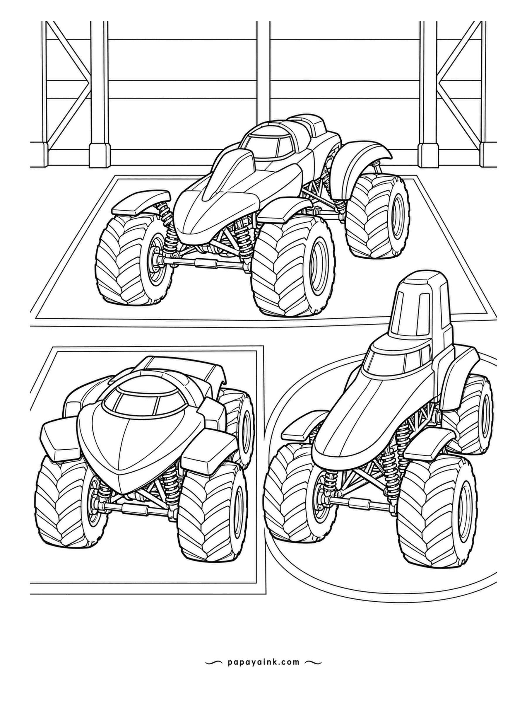 Monster Truck Coloring Pages - Hangar exhibition of three body shapes: a rounded shield, a boat-hulled wedge and a tall narrow tower cab, each on its own floor marking. The same chassis sits under all three, which makes a neat compare-and-contrast. Detailed.