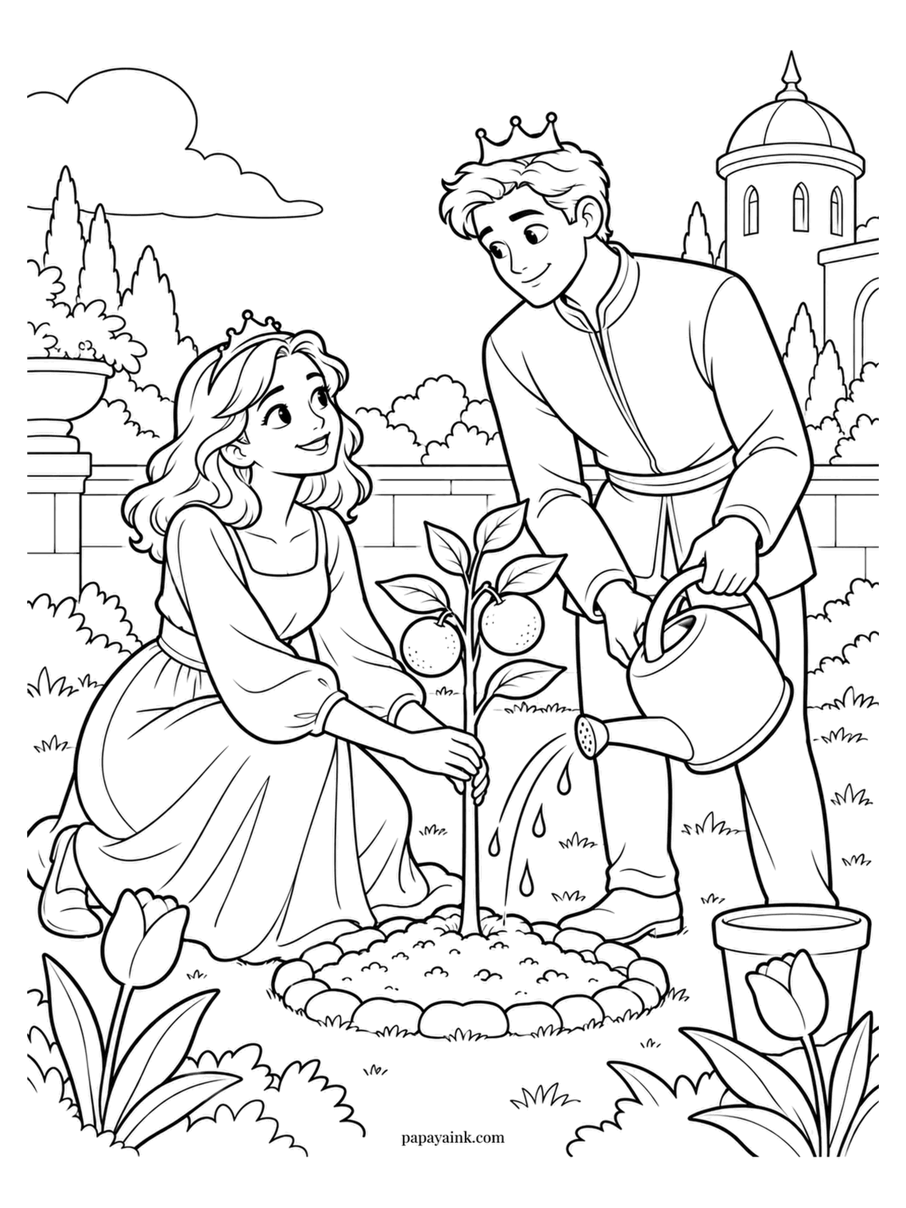 Love Coloring Pages - A princess and a prince plant an orange sapling in the palace garden, two fruits already on it and the watering can tipped. A domed tower rises past the hedge. Bright orange on the fruit, green nearly everywhere else.