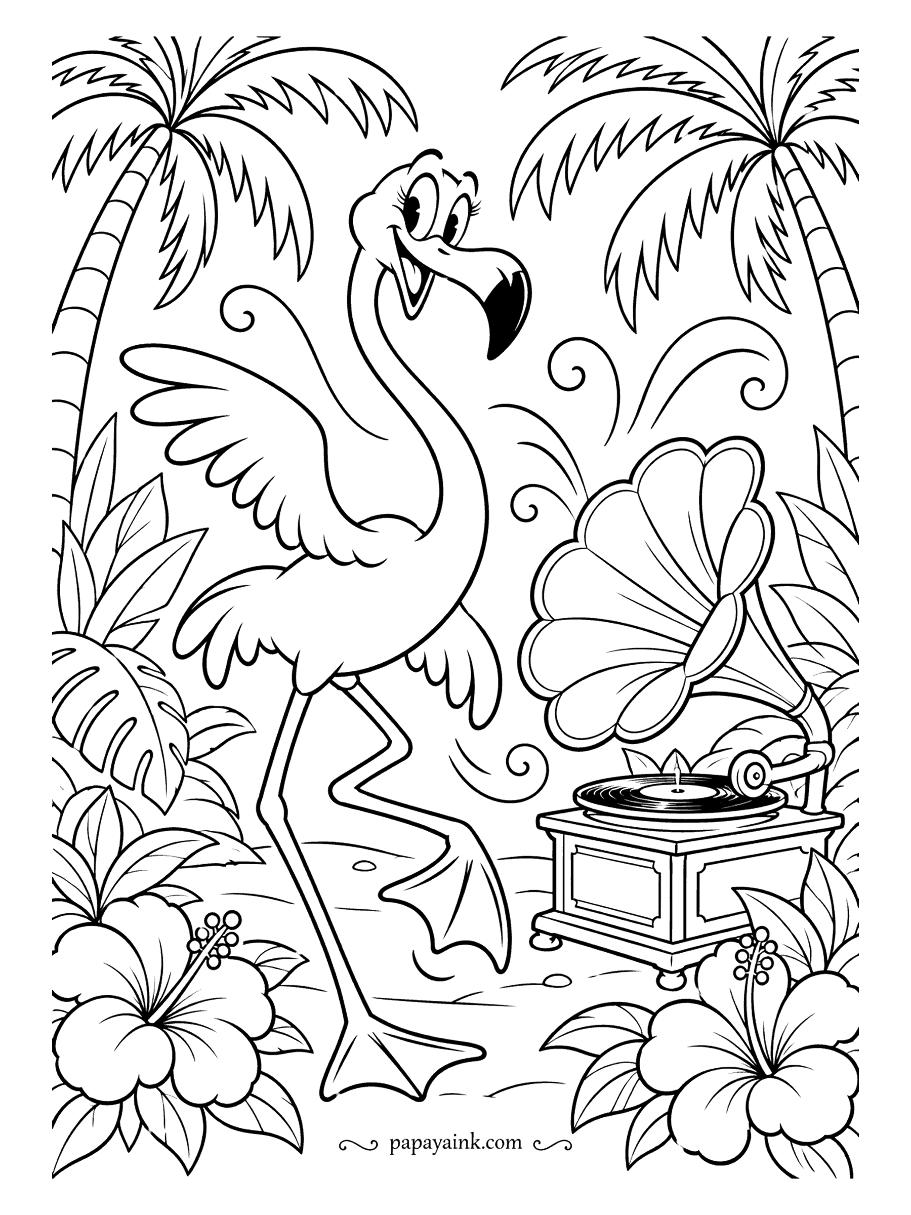 Flamingo Coloring Pages - Noodle limbs, oversized feet and a gramophone turned all the way up: a flamingo in the style of 1930s animation, mid-step between the palms. Flat cel colors, no shading, for the authentic look.
