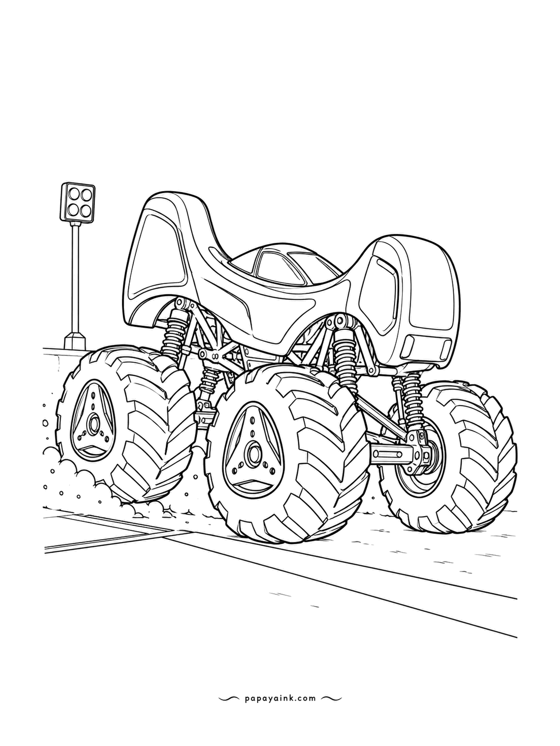 Monster Truck Coloring Pages - Launch off the grid, start light still on its post, the saddle-keel rover lifting its nose as dust flies from the rear tires. Grid lines curve underneath. Red lights off, green on.