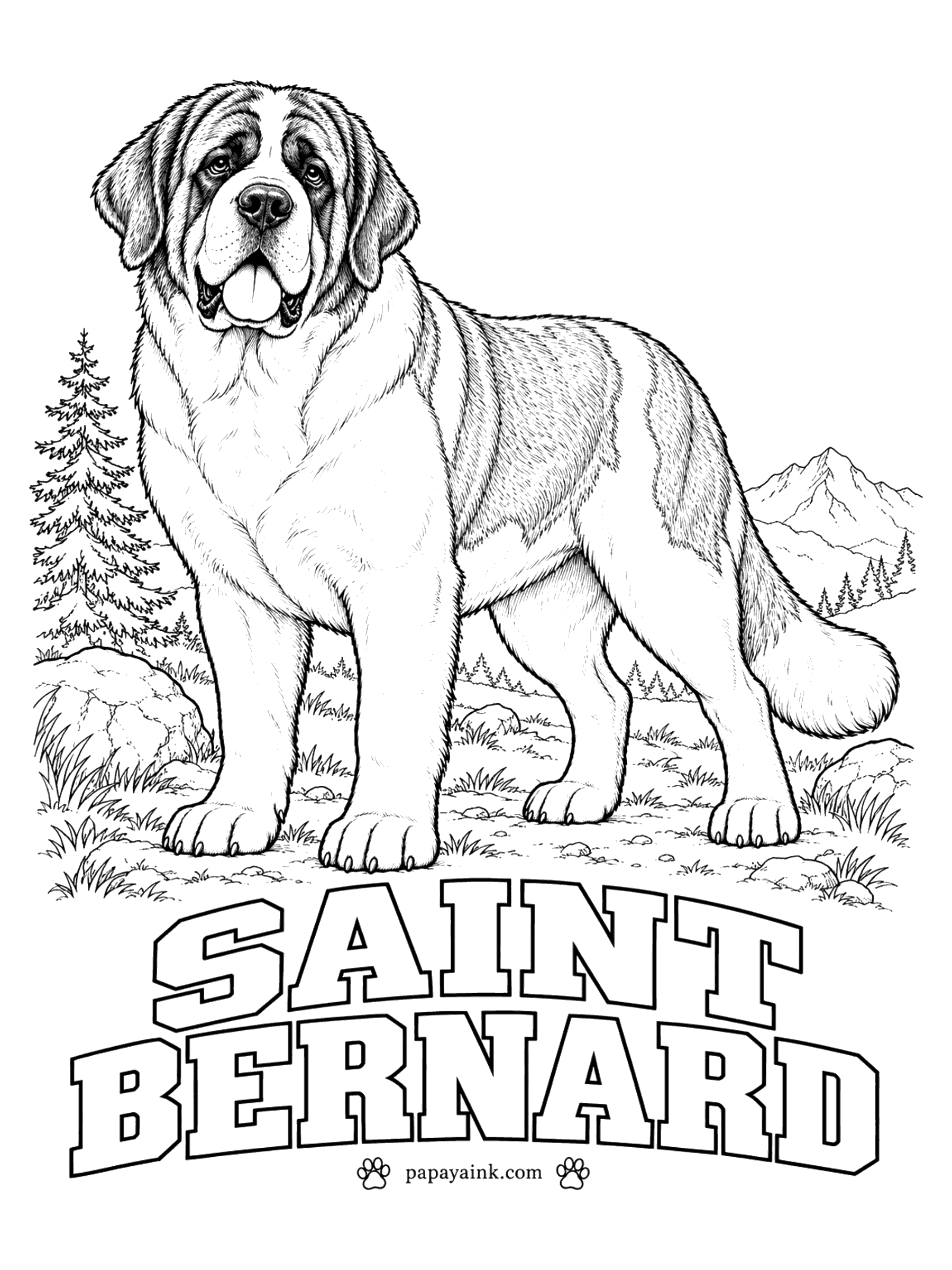 Free Printable Dog Coloring Pages - Monks at an Alpine hospice raised the Saint Bernard to find travelers lost in the snow. The coat is white with red or brindle patches, a white blaze up the face and dark shading around the eyes and ears. The Alps rise in the background.