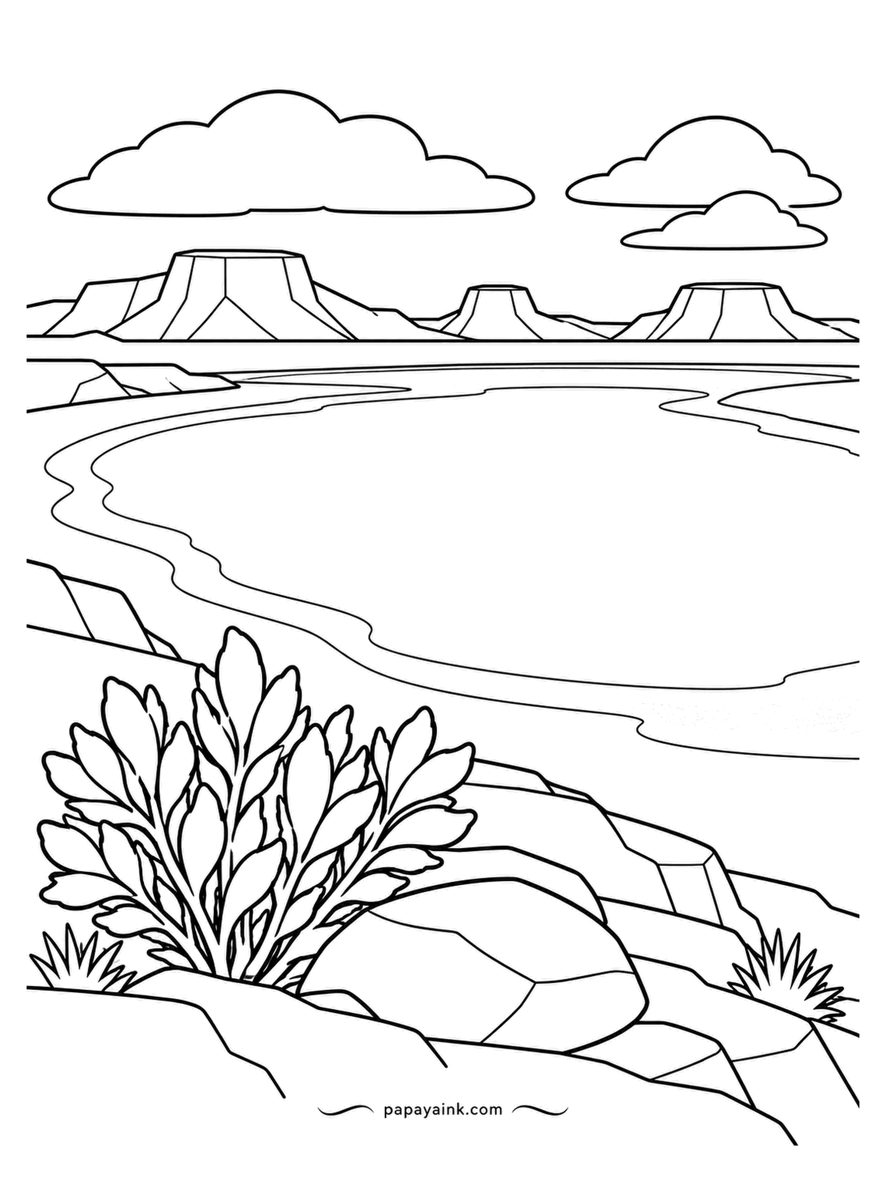 Nature Coloring Pages - Flat-topped mesas line the horizon of a dry salt basin, and a sagebrush found the one damp spot and settled in. Mostly open ground, quick to finish. Silver-sage for the bush, bone white for the pan, red for the mesas.