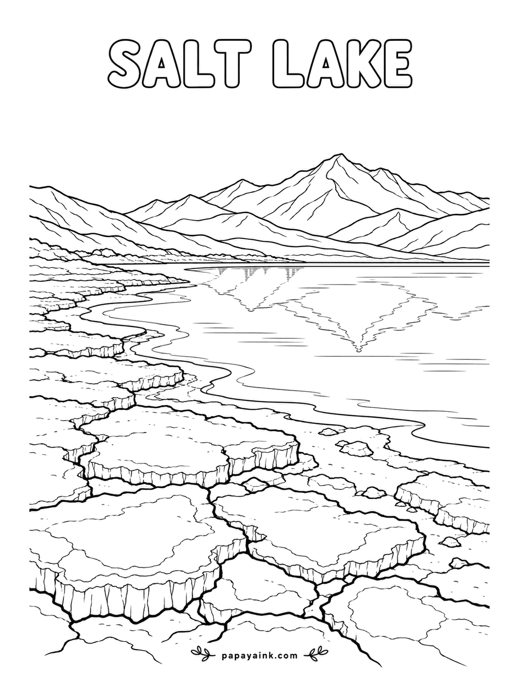 Beach Coloring Pages - Salt Lake: cracked white salt flats break into plates at the rim of a shallow lake, mountains doubled in the dead-still water. The salt stays white, so the work is everywhere else - a pink tint on the water is true to life.