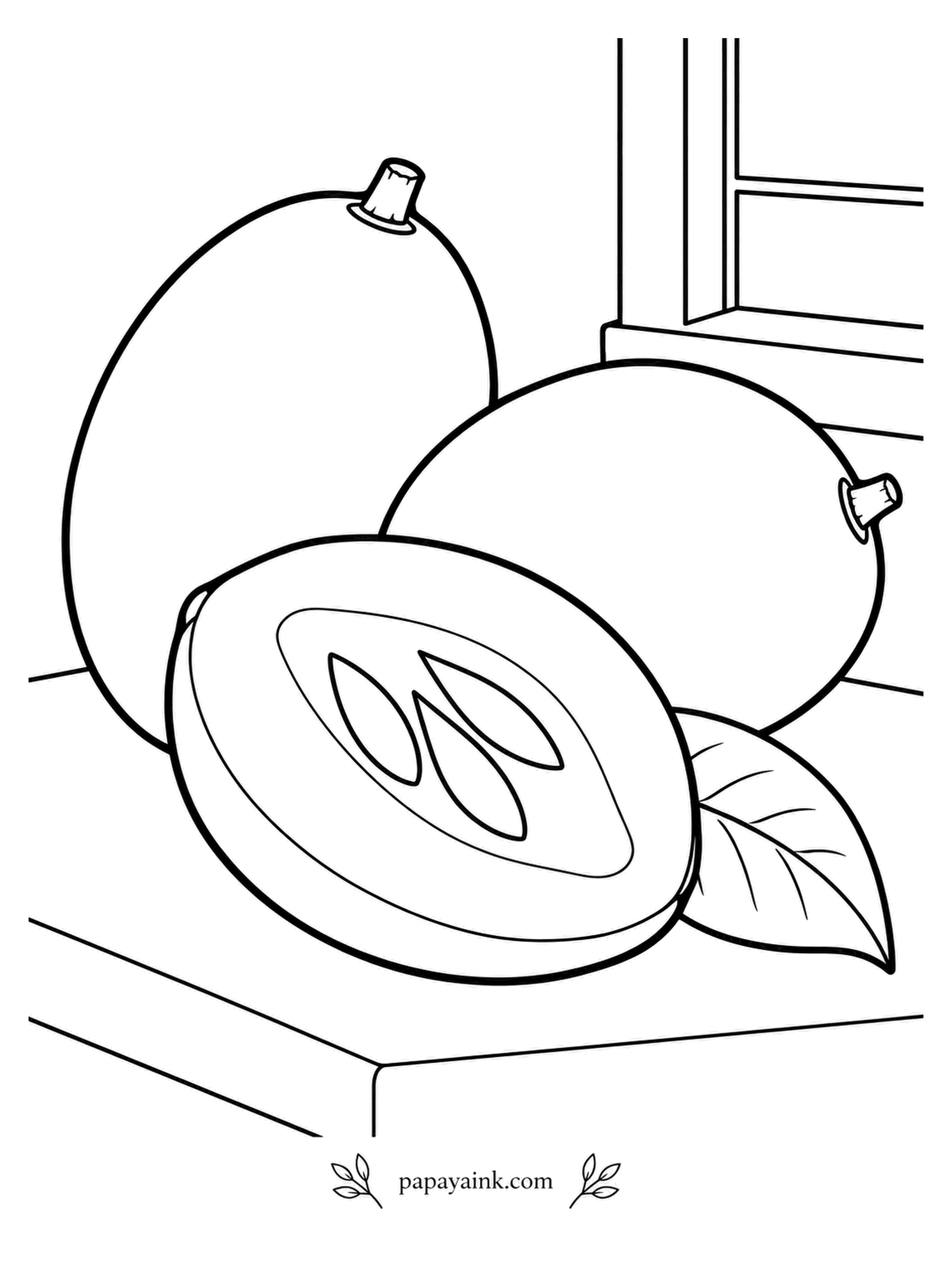 Fruit Coloring Pages - Before chewing gum came in sticks, it came from this tree: chicle, the milky sap of the sapodilla, was the original gum base. The fruit wears a sandy brown skin like a russet potato and has a brown-sugar sweetness. Two whole ones and a half sit by the window. Big simple shapes, shiny black seeds.