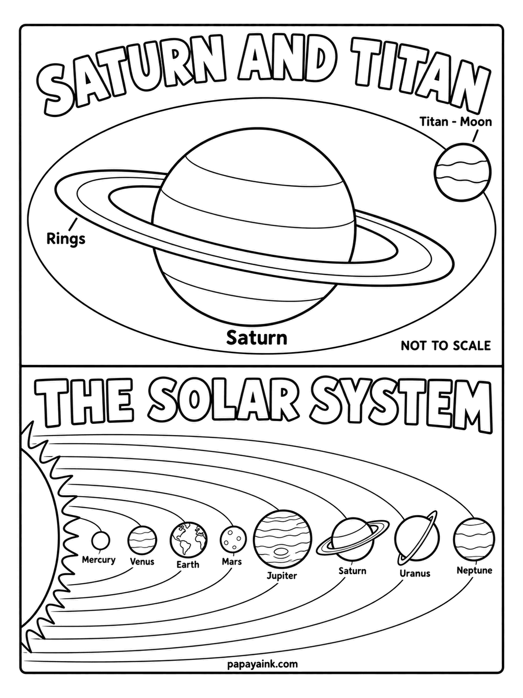 Planet Coloring Pages - Saturn and Titan: the ringed planet in the middle with its largest moon tucked at the corner, labeled and framed. Titan is wrapped in orange haze, so treat it like an apricot - a nice contrast with the pale gold rings.