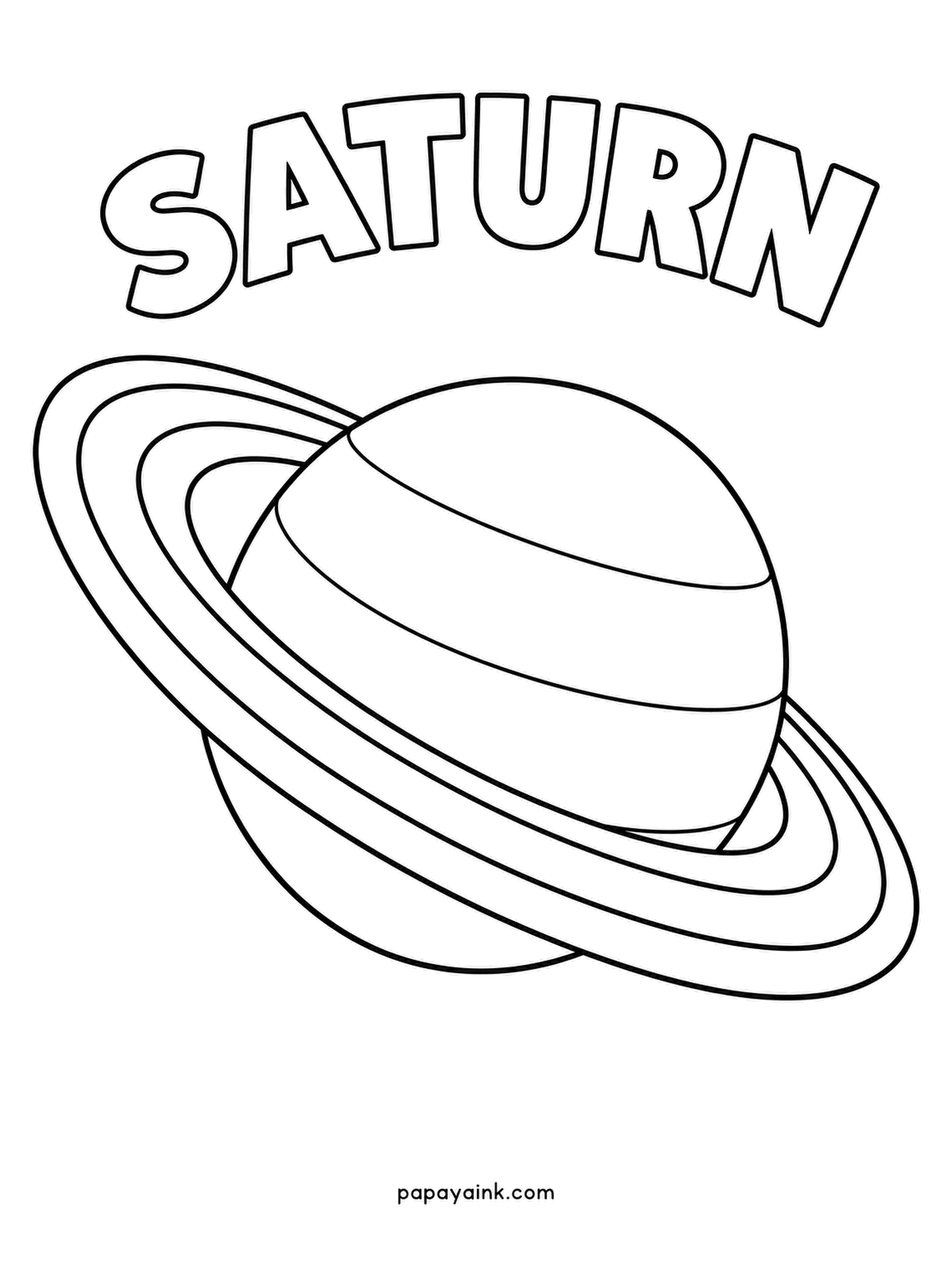 Planet Coloring Pages - Saturn wears the most famous rings in the solar system, and this sheet gives them room: wide bands sweeping in front of the globe and vanishing behind it. Shade the rings in strips of cream, tan and pale gold, and leave one narrow gap uncolored.