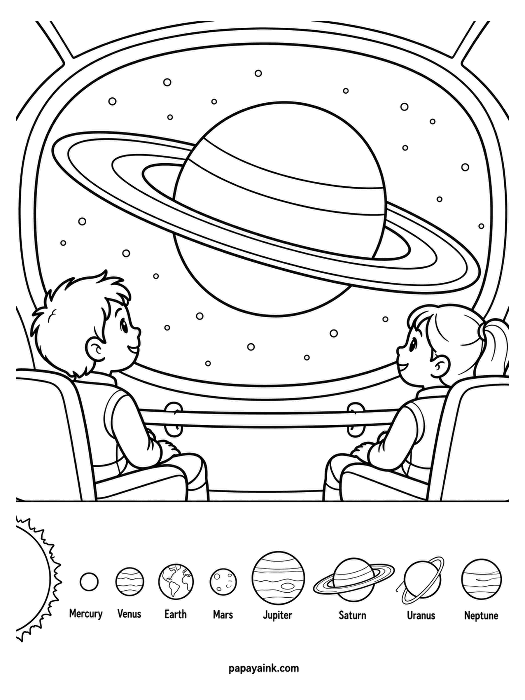 Planet Coloring Pages - Saturn looms in the window of an observation cabin where a boy and a girl sit strapped in their seats, staring up at the rings. Starry black outside the glass, warm cabin tones inside, and the planet in cream and tan.