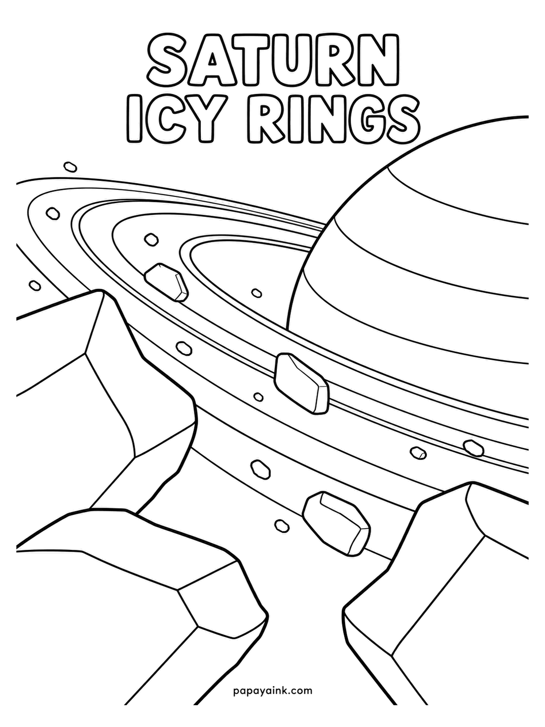 Planet Coloring Pages - Saturn's icy rings from inside the ring plane, with chunks of ice tumbling past and the planet's curve looming above. Crisp frost and glacier blue for the ice, honey and gold for the planet behind.