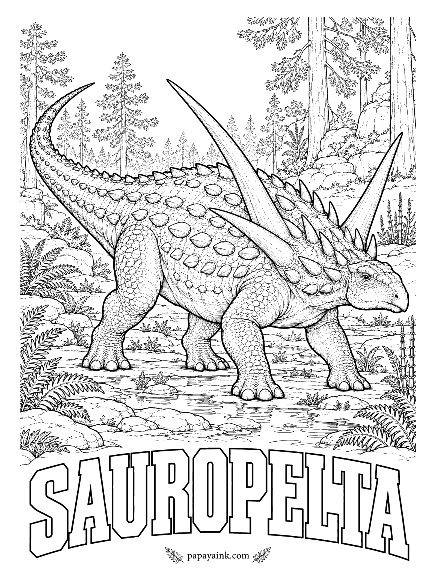 Free Printable Dinosaur Coloring Pages - Long spikes on the neck and shoulders and no tail club: this is the other kind of armored dinosaur, a nodosaur. Sauropelta (SORE-oh-PEL-tah, lizard shield) was a plant-eater about 17 feet long, nearly half of it tail. Wyoming and Montana, about 110 million years ago.