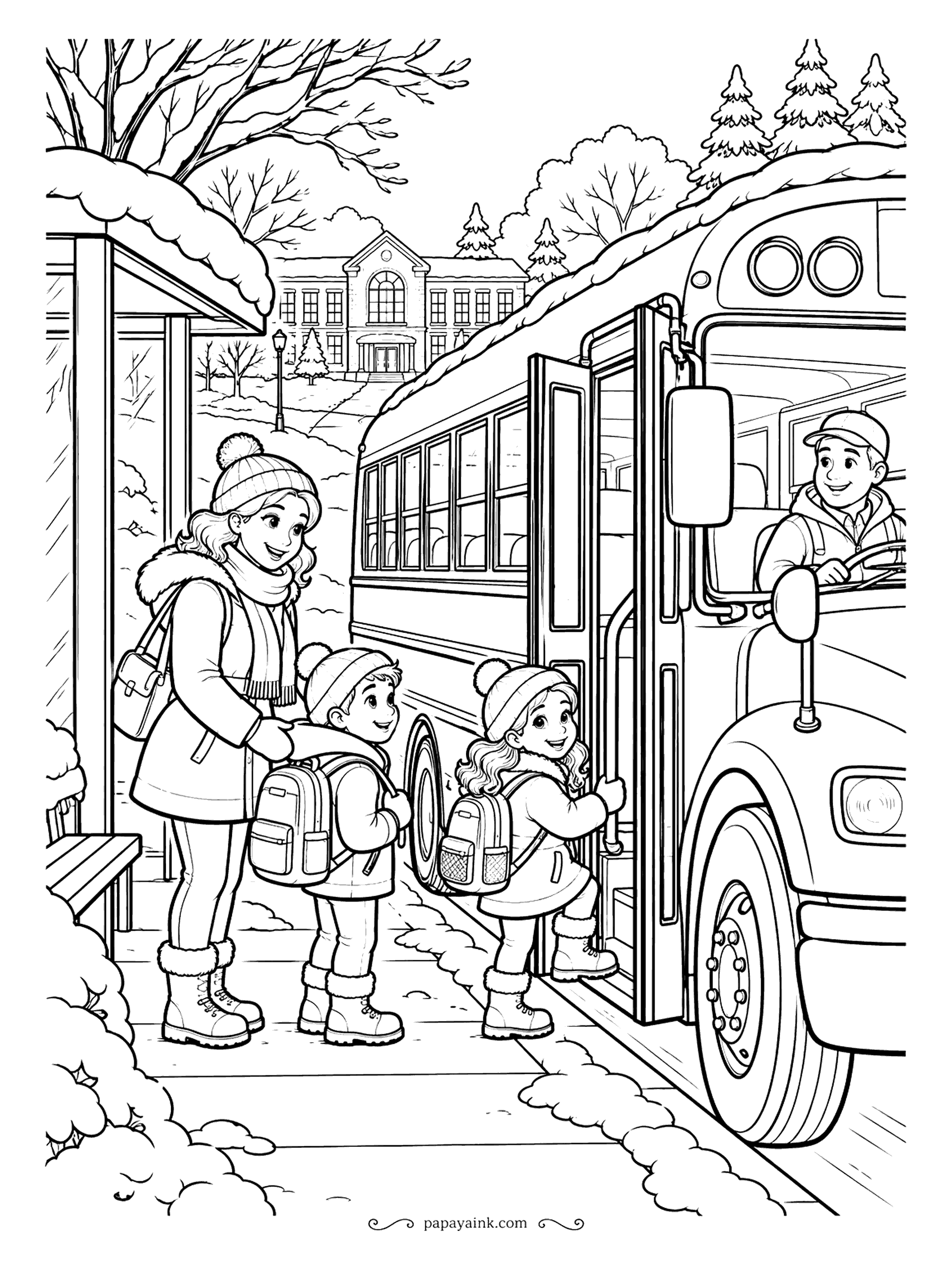 Free Printable Winter Coloring Pages - Backpacks on, boots laced, and the bus door open at the shelter as mom waves them aboard. The school stands across the field past the bare trees. Yellow for the bus and almost nothing else that loud.