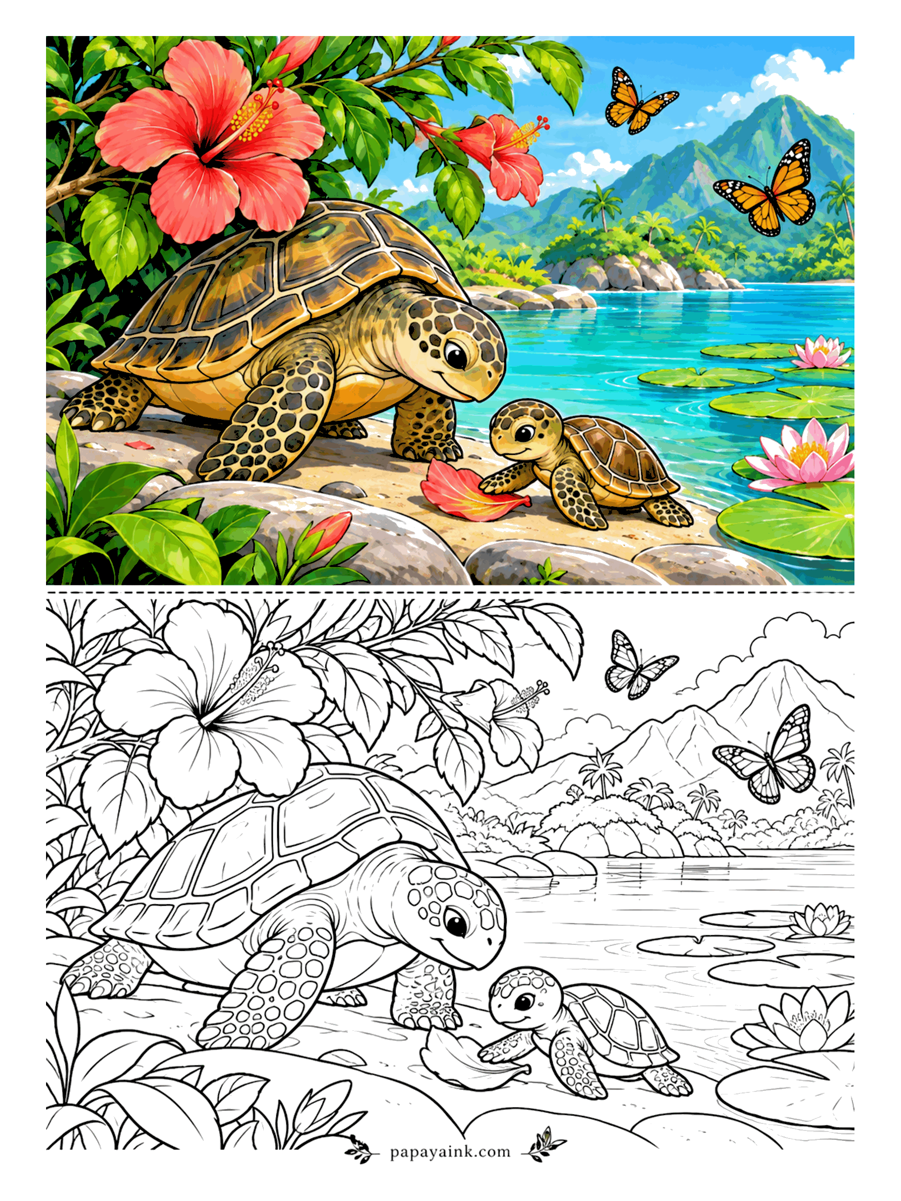 Turtle Coloring Pages - Mother sea turtle and her hatchling have the lagoon beach to themselves, and the little one has already found a fallen hibiscus petal. Monarchs drift past, mountains sit far back. Olive shell for her, a lighter green for the hatchling.
