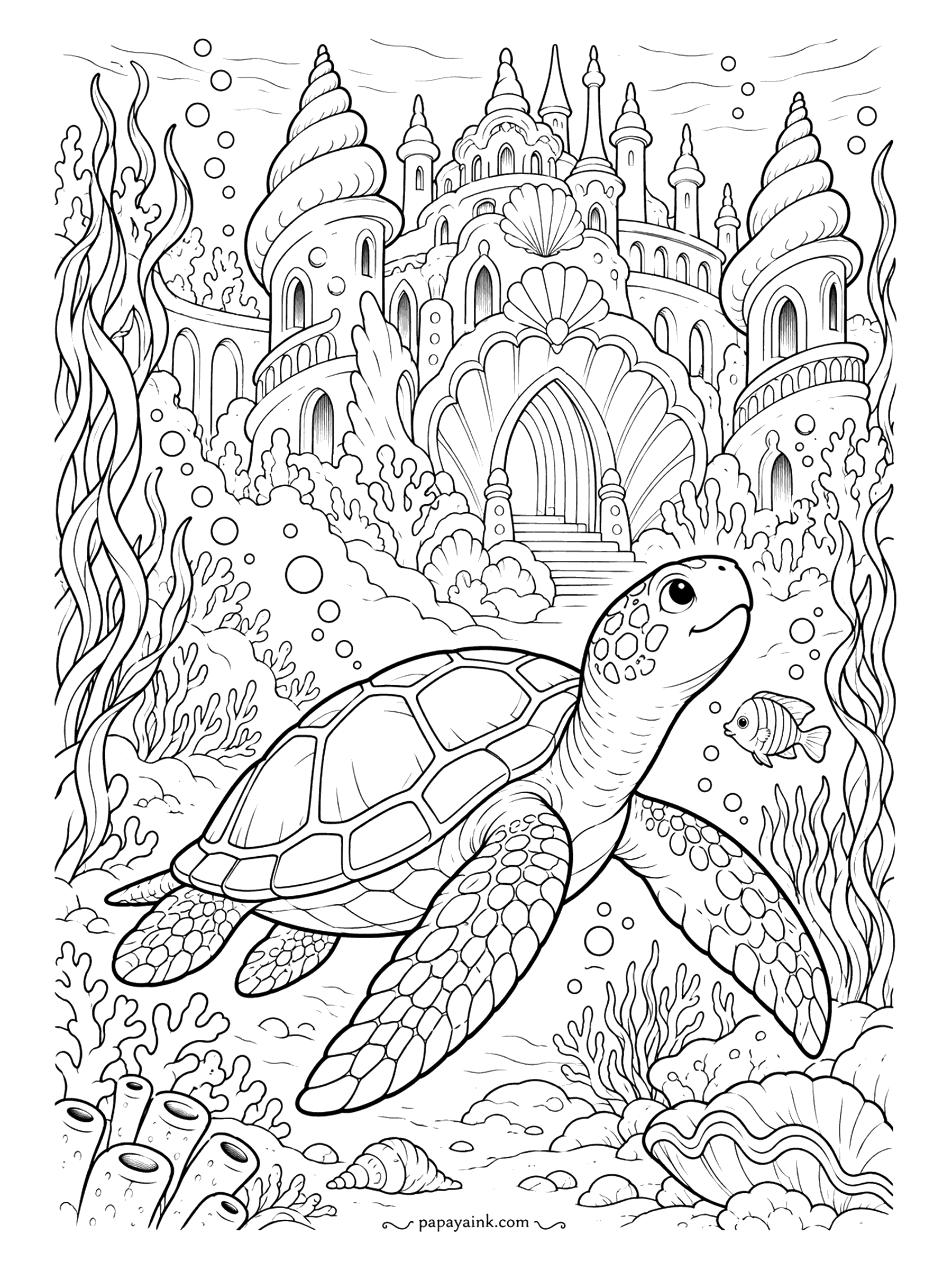 Turtle Coloring Pages - Spires made of spiral shells, a scallop over the gateway and a staircase up from the sand - a sea turtle rises past this underwater castle with a small striped fish for company. Detailed - a page for a long sitting.
