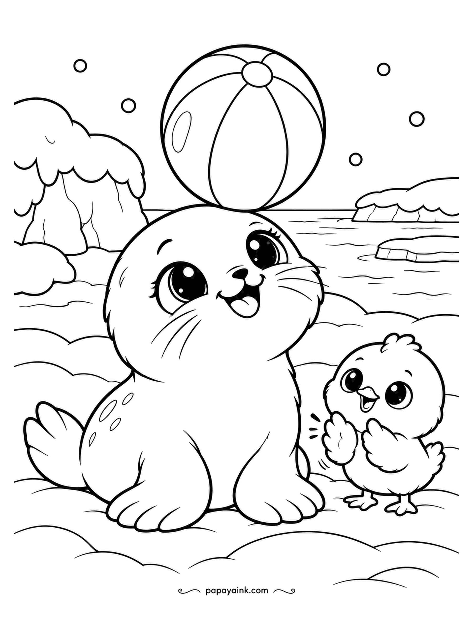 Kawaii Winter Coloring Pages - The beach ball is a long way from any beach, but the seal pup balances it on its nose anyway, and the chick applauds with both wings. Stripe the ball in three colors; the seal takes a light gray.
