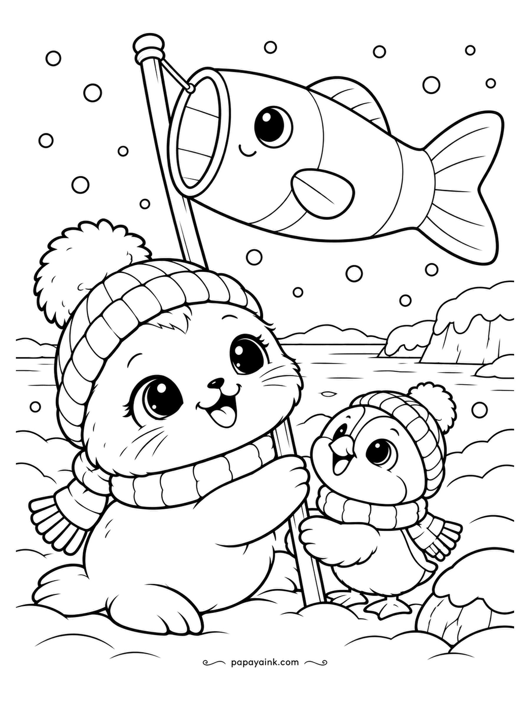 Kawaii Winter Coloring Pages - The fish windsock is longer than the seal pup holding the pole, and the puffin is helping by standing nearby. Wind does the rest. Orange and white stripes on the fish, with the sky left open.