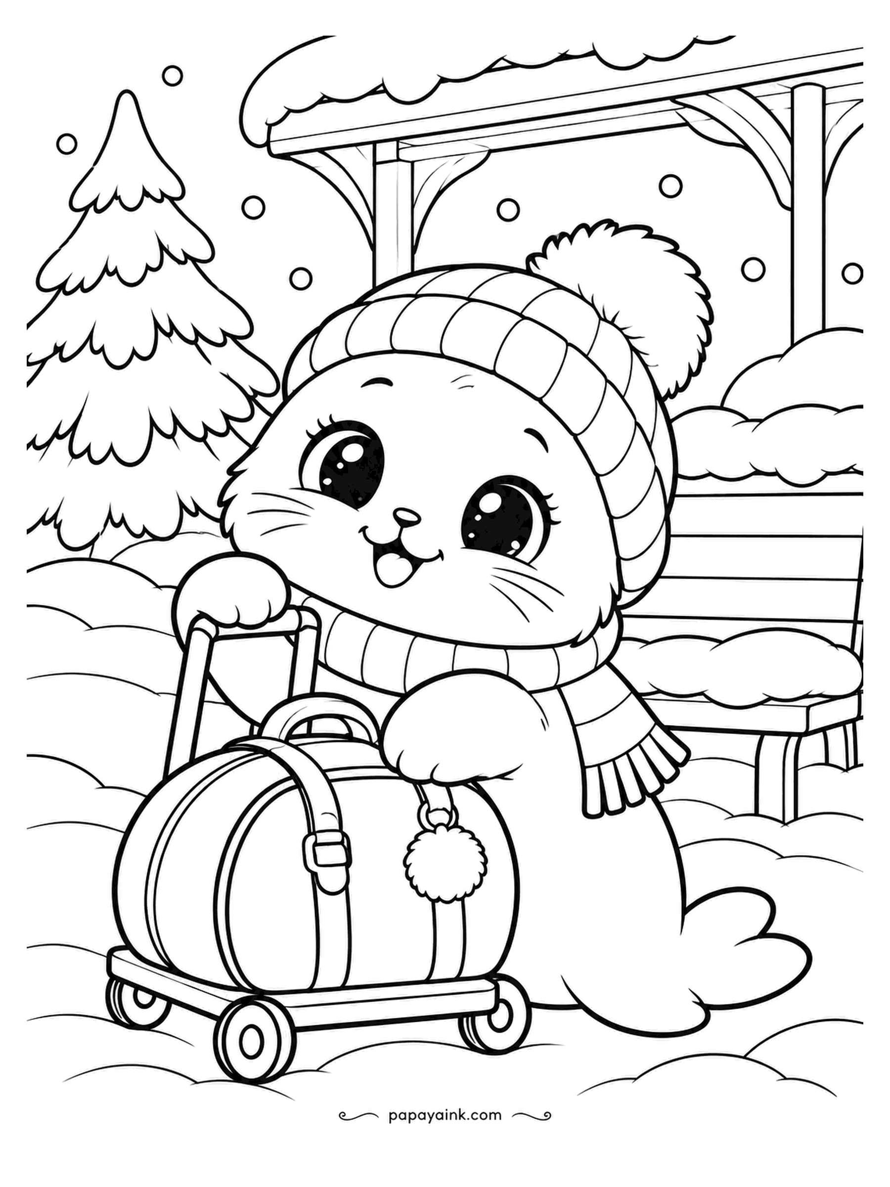 Kawaii Winter Coloring Pages - Seal with a suitcase on a cart, waiting under a snowy shelter for a train that may not exist. The bag has a tiny pom-pom tag. Tan leather on the bag, and the straps in chestnut.