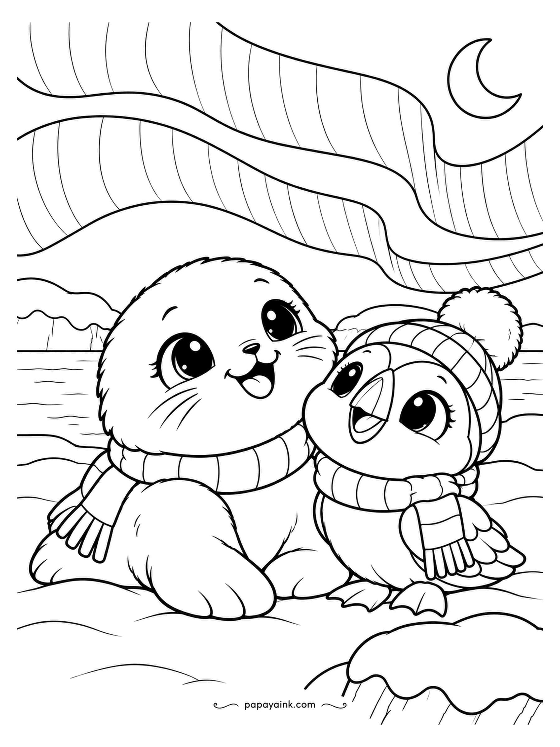 Kawaii Winter Coloring Pages - Ribbons of northern lights, a crescent moon, and a seal pup leaning on a puffin who is wearing the only hat for miles. The sky is the whole page here: greens and violets in soft bands, darker at the top.