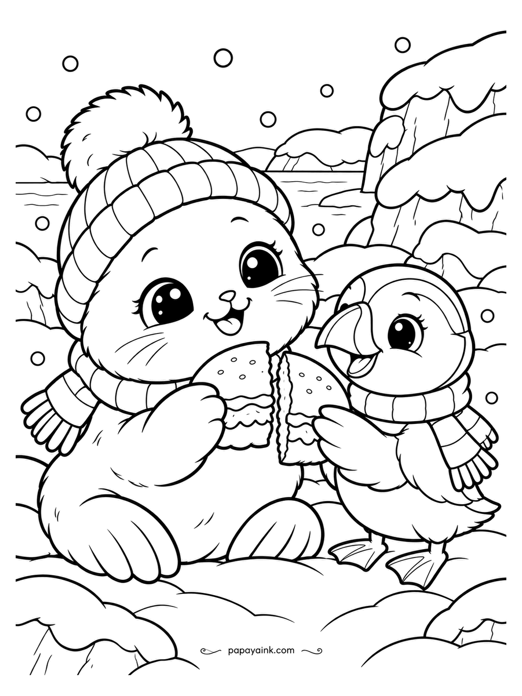Kawaii Winter Coloring Pages - One sandwich, two halves, cut by someone who was being fair. The seal pup and the puffin eat at the same speed to avoid any discussion. Give the bread a tan crust and the filling one bright line.