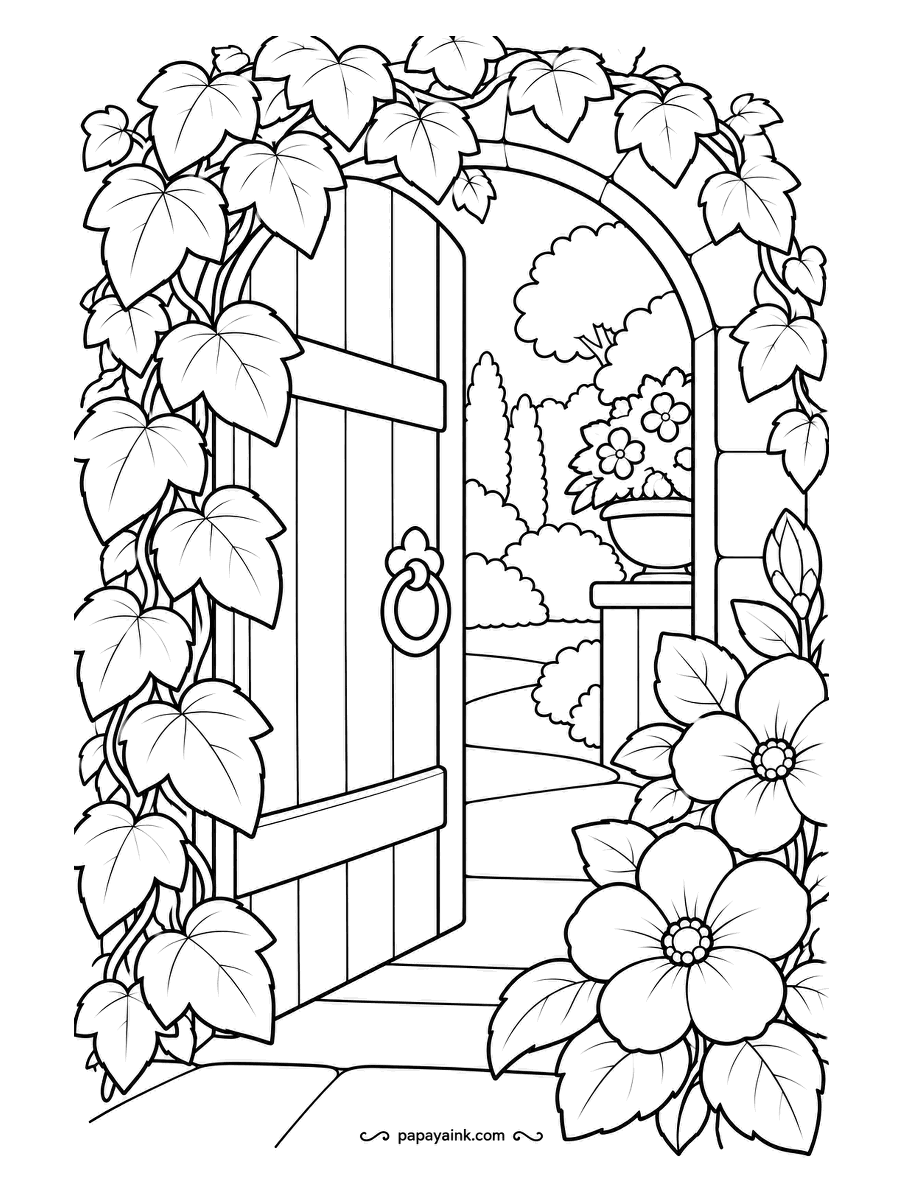 Garden Coloring Pages - An arched wooden door with an iron ring stands half open in a wall buried under ivy, and through the gap you can see an urn and a sunlit path. Make the inside brighter than the outside and the sheet tells its own story.