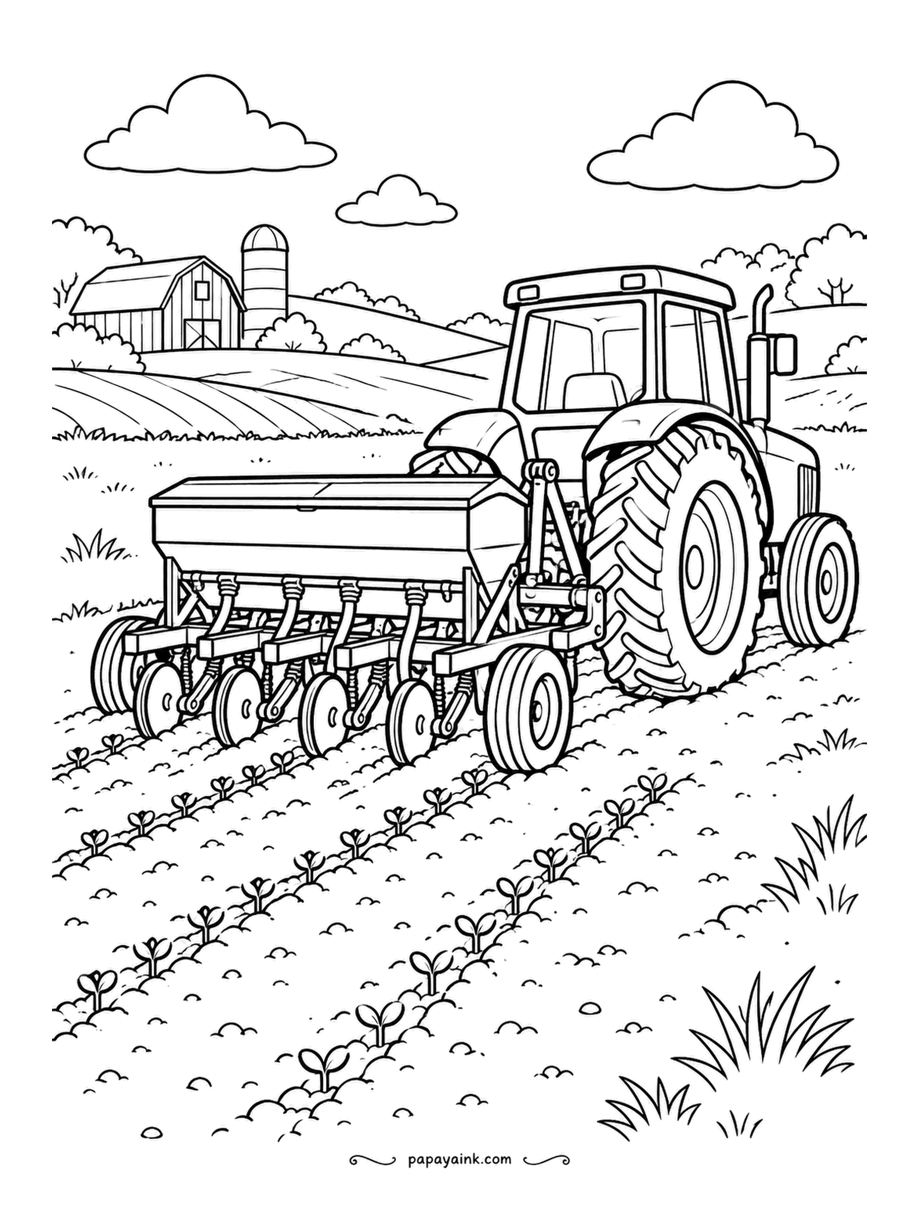 Farm Coloring Pages - Seed drill behind a tractor, its row of discs cutting furrows and tiny seedlings already showing in the finished rows. A picture of two weeks at once. A bright machine, dark soil, and a fresh light green for each sprout.